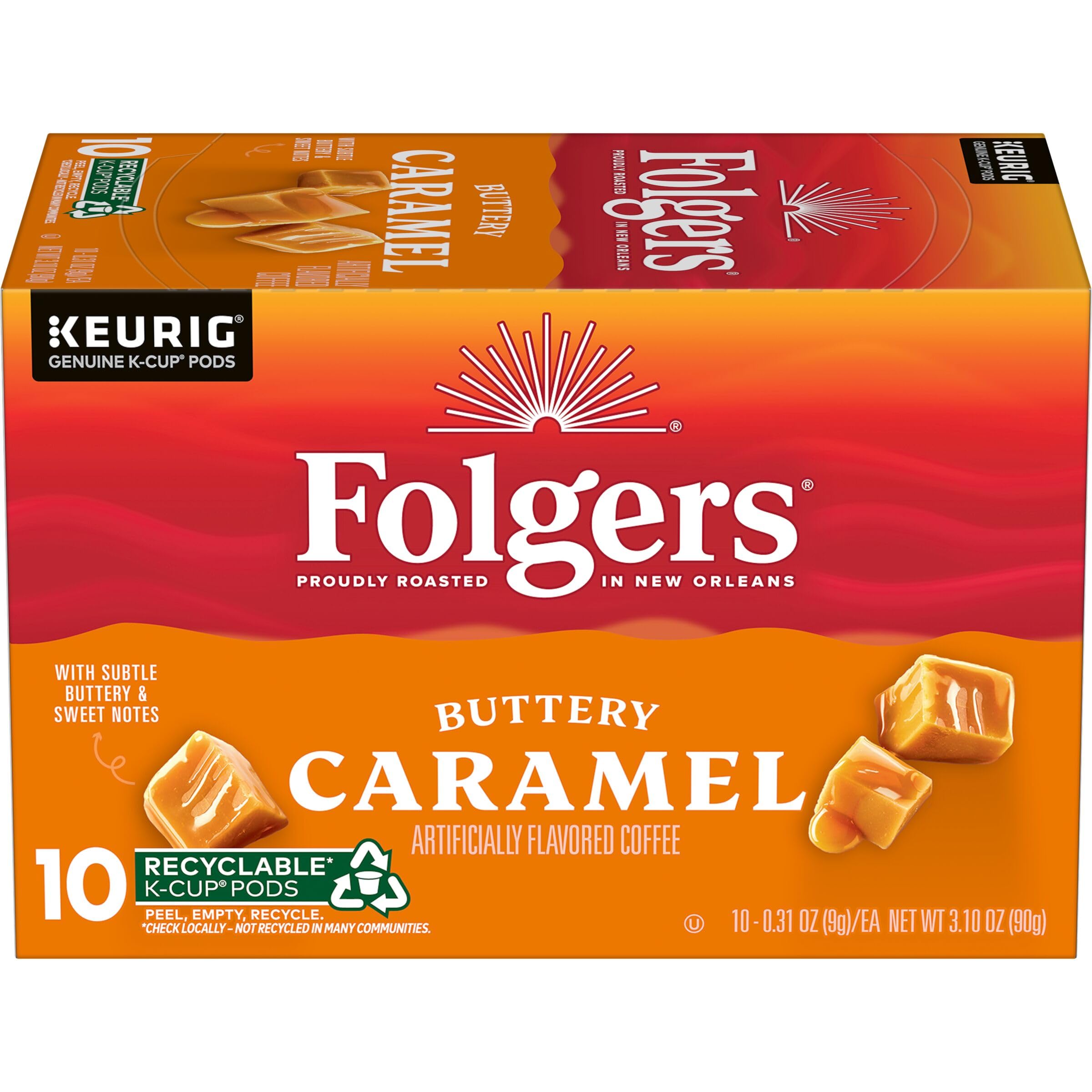 Folgers Buttery Caramel Artificially Flavored Coffee, Keurig K-Cup Pods, 10 Count Box