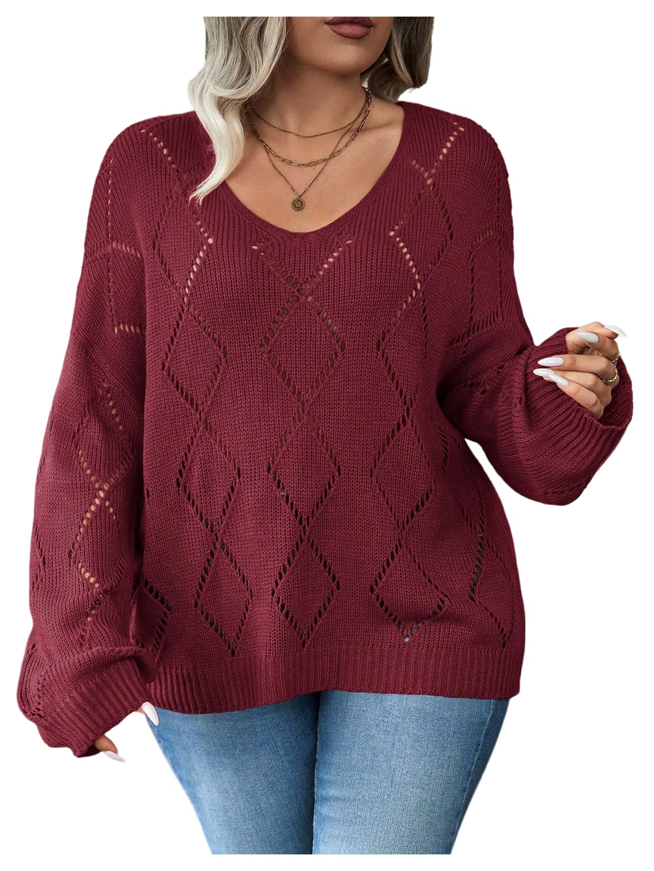 Womens Plus Size Hollow Out Pullover Sweaters Long Sleeve Lightweight Loose Casual Top Knitwear