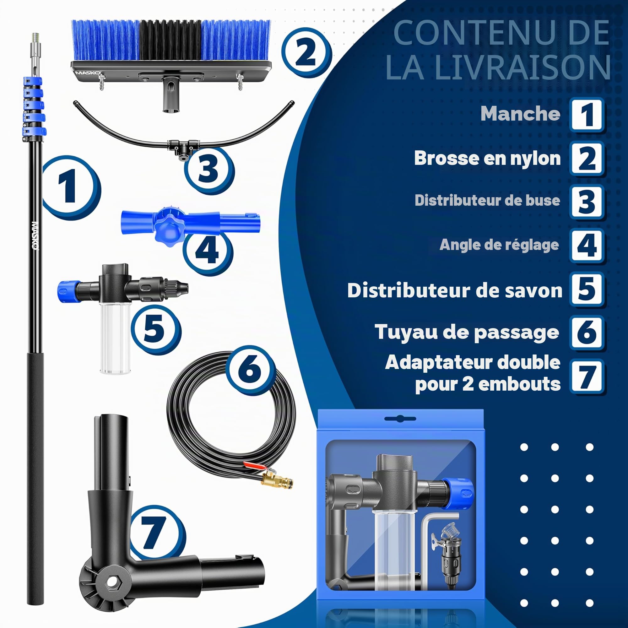 MASKO® Brosse de lavage télescopique avec raccord d'eau 7,2 m | Brosse de nettoyage extensible | Nettoyage des fenêtres et des installations PV | Poils
