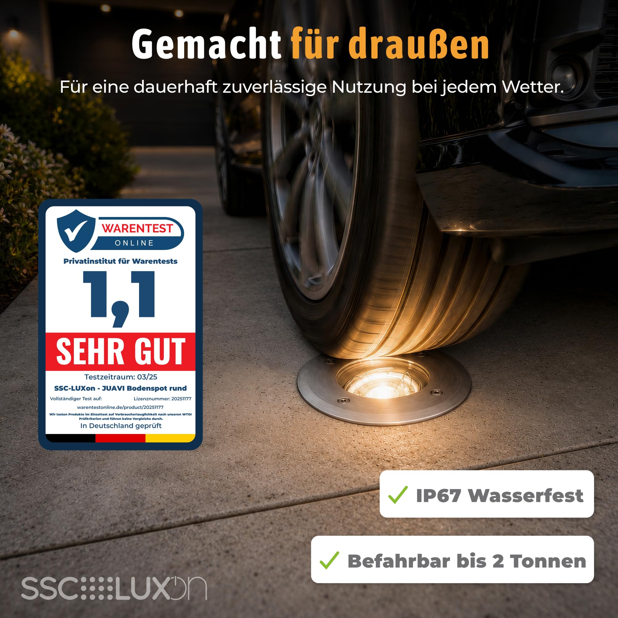 SSC-LUXon 3er Set JUAVI Bodeneinbaustrahler rund IP67 GU10 3 Lichtfarben 3W | Schwenkbare Bodenspots für Wege, Beet & Terrasse - einstellbare Lichtfarbe warm, neutral, kalt - durchschleifbar, befahrbar