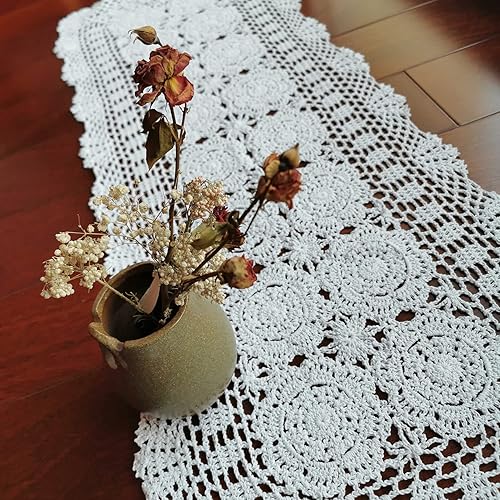Miniatura 7 de Phantomon Camino de mesa de encaje, mantel rectangular hecho a mano, manteles individuales florales de ganchillo, 100% algodón (blanco floral, 15 x
