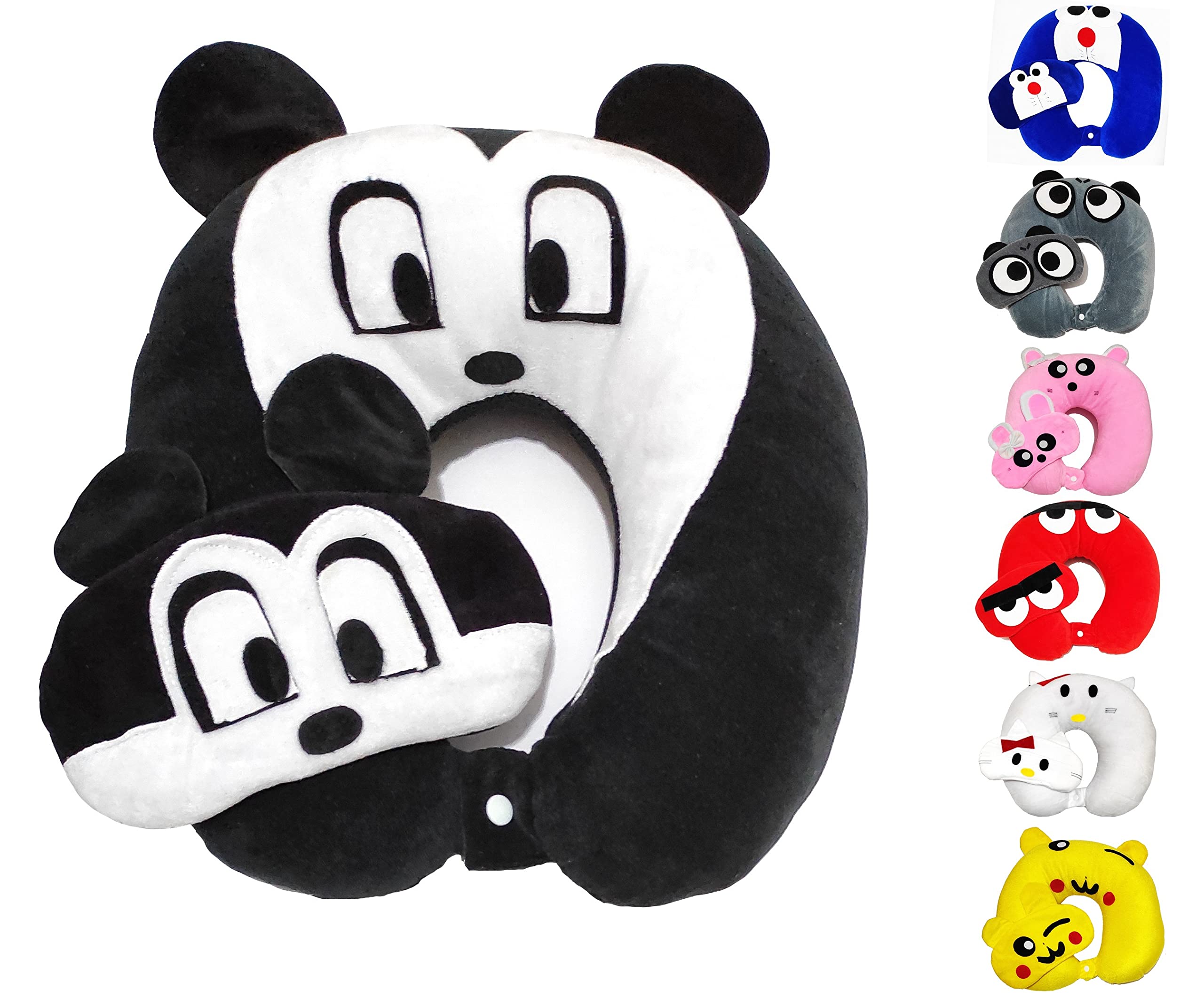 JUZZII Velvet Neck Pillow & Eye Mask - Combo Sleeping Airline Neck Pillow with Sleeping Eye Mask Great for Long Road Trips and Flights, Ideal For Men & Women- Black Big Cartoon Neck pillow M.No.1 & Mask No-13 (Combo)