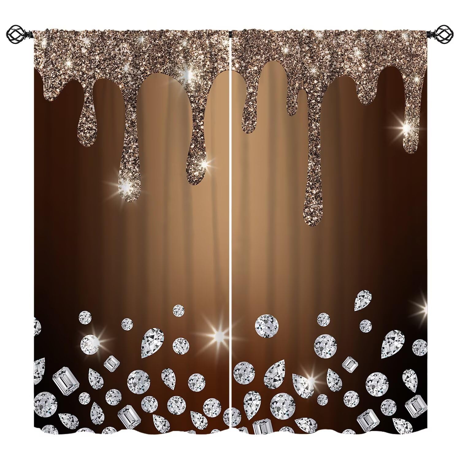 Glitter Diamond Coffee Curtain Sparkle Shimmer Bling Sparkly Window Treatments Luxury Brown Silver Shiny Drip Modern Window Drapes (No Glitter) for Bedroom Living Room Home W63xL72in