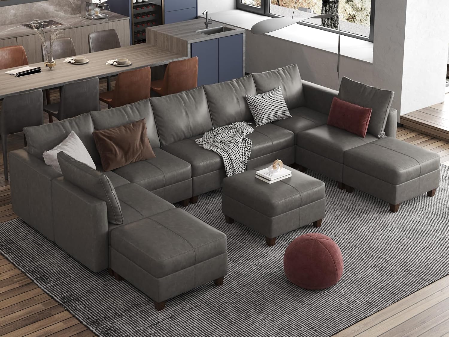 EASE MOOSE Faux Leather Modular Sectional Sleeper Sofa with Storage, Large Faux Leather sectional Modular Sofa Couch Sectional Sleeper Couch