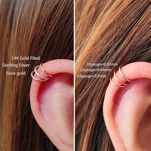 Miniatura 6 de Arracadas pequeñas y finas de mujer, cartílago, hélice, tragus, conch, nariz, 0.770.80.70 oz, chapado en oro, 14 quilatesplata de leyoro rosa, 1364