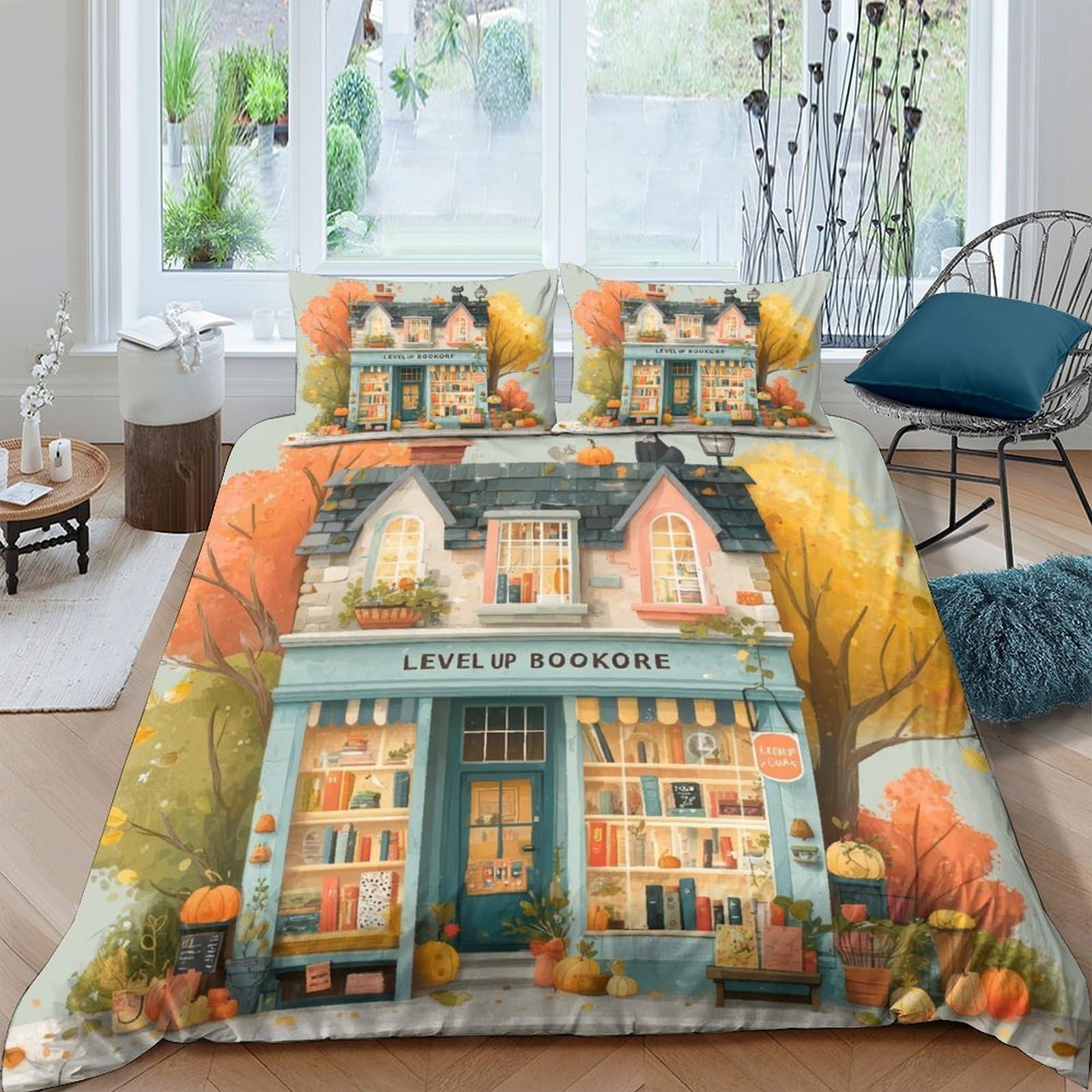Ctjqhvkz Style-3 3D Printed Bookstore Autumn House Fitted Sheet Microfiber Anti-Slip Bed Sheet For Bedroom Guest Room Decor Single（135X200cm）