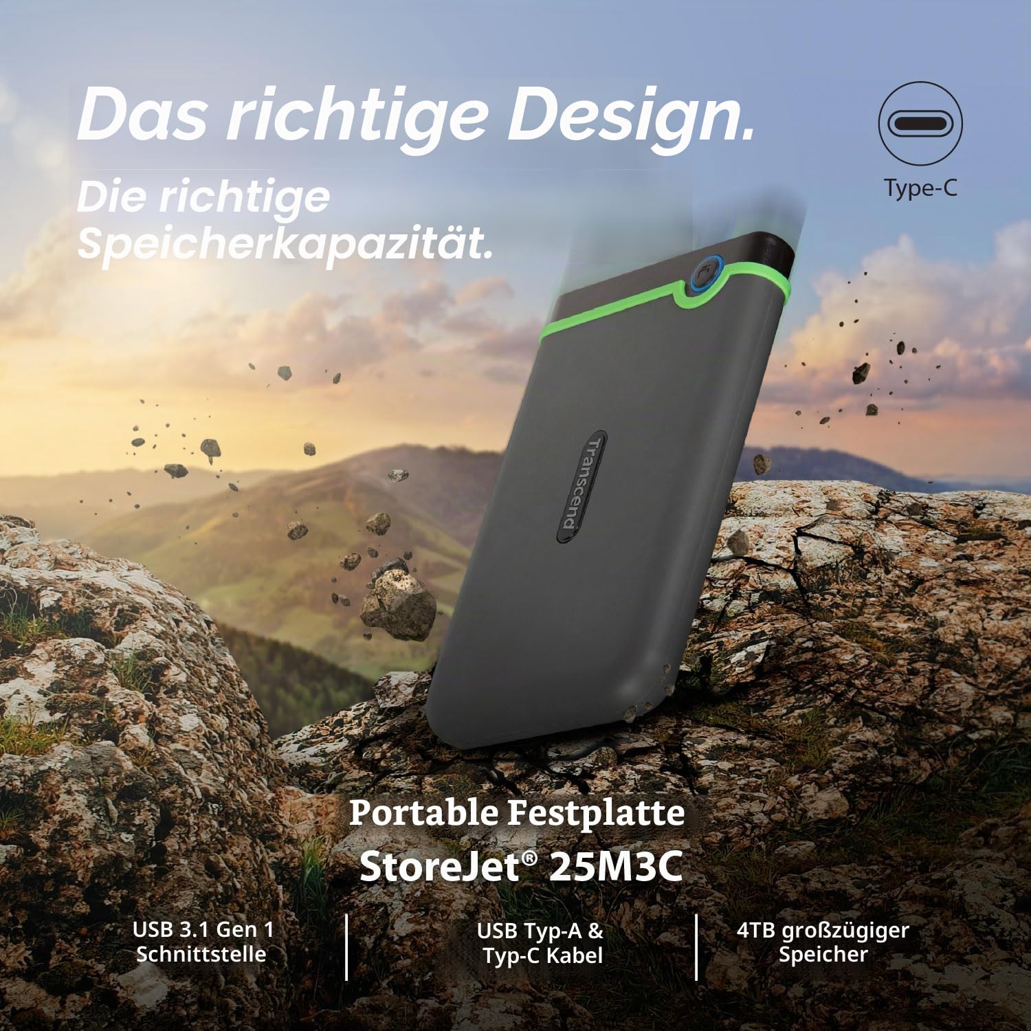 Transcend StoreJet 25M3C 2TB Externe Festplatte, USB Type-C, Anti-Schock (Militärstandard), USB 3.1 Gen 1, 2.5 Zoll, Eisengrau| Ideal für MacBook, iPad Pro & USB-C Laptops
