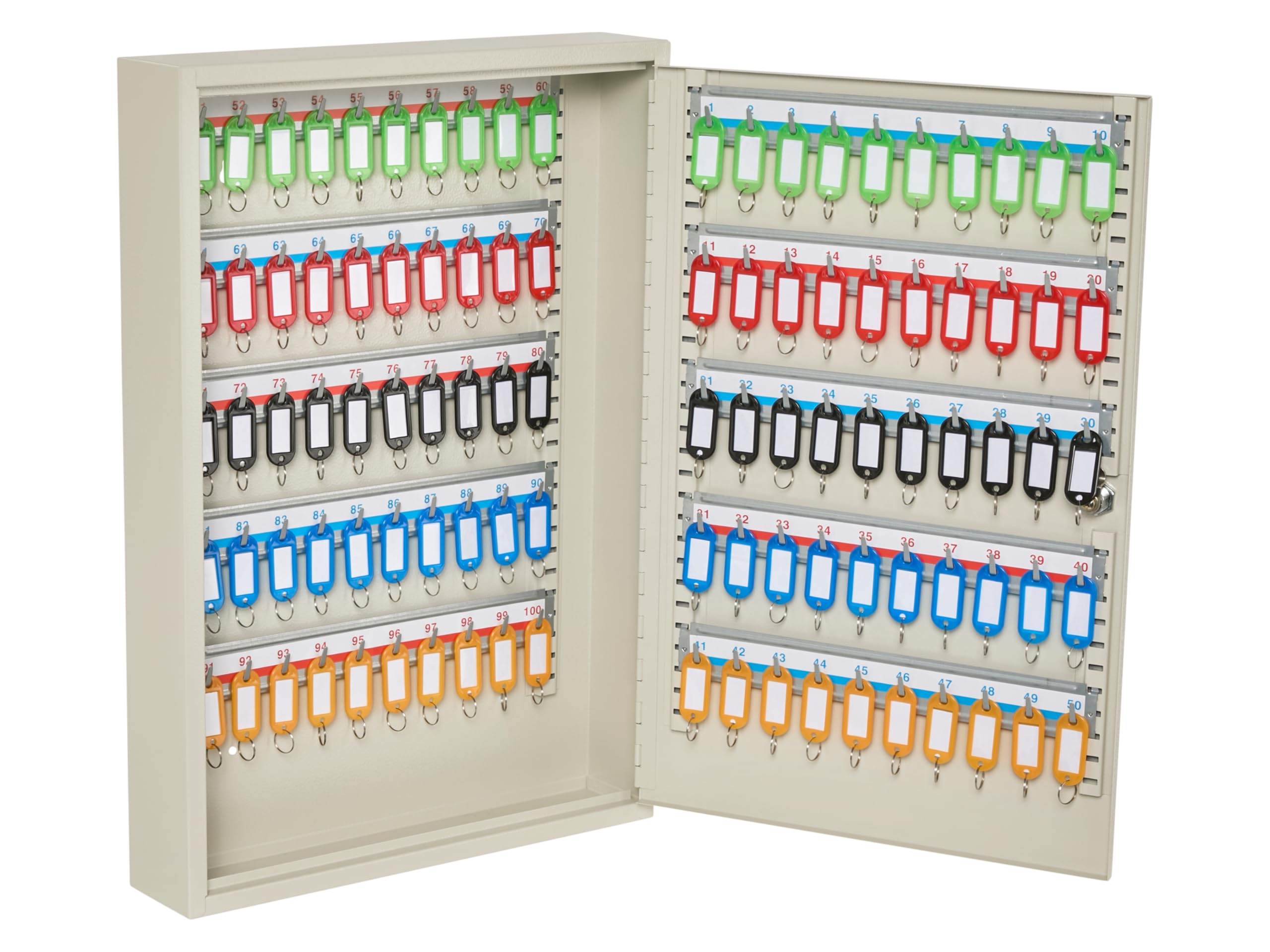 The Workplace Depot Lockable Key Cabinet, White Heavy Duty Steel Wall Mounted Key Lock Safe with Key Hooks & Coloured Key Tags for Home, Office, Garage & Warehouses (100 Key Capacity)