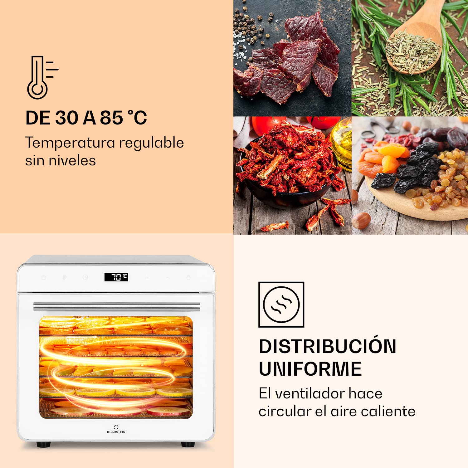 Klarstein Deshidratador de Alimentos, Deshidratadora de Frutas y Verduras 700W, 6 Rejillas, Temporizador 24 h., Deshidratadora de Alimentos para Comida Liofilizada, Liofilizadora, Control Táctil