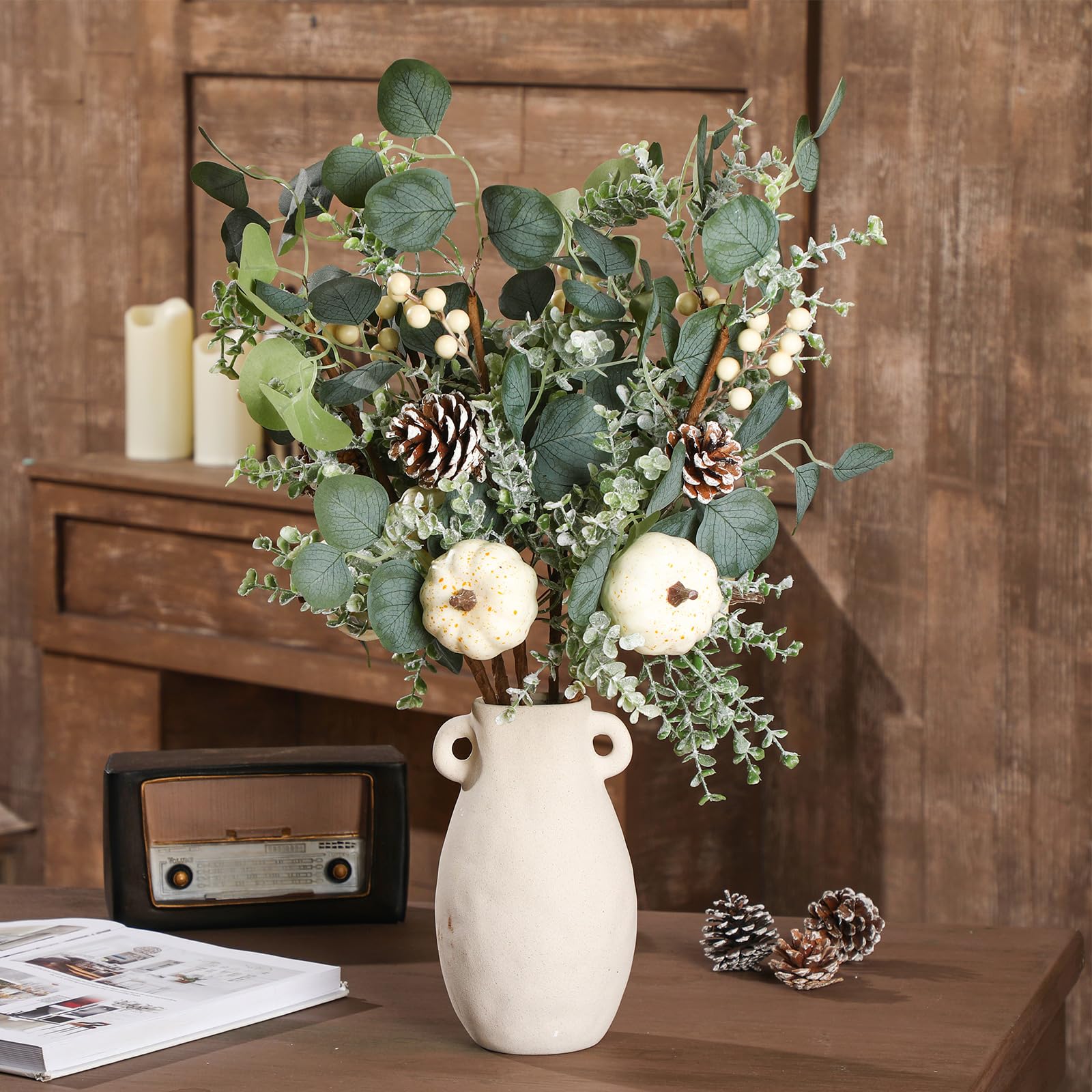 Cindeer 6 Pcs 23.62 Inch Large Fall White Pumpkin Stems Artificial Eucalyptus Leaves Greenery with Pumpkins Pinecones Berries for Home Farmhouse Thanksgiving Halloween Table Centerpiece Decor