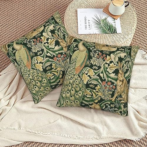 Miniatura 3 de Juego de 2 fundas de almohada de 18 x 18 pulgadas, diseño de animales del bosque verde William, estampado de zorro, liebre morris, para dormitorio,