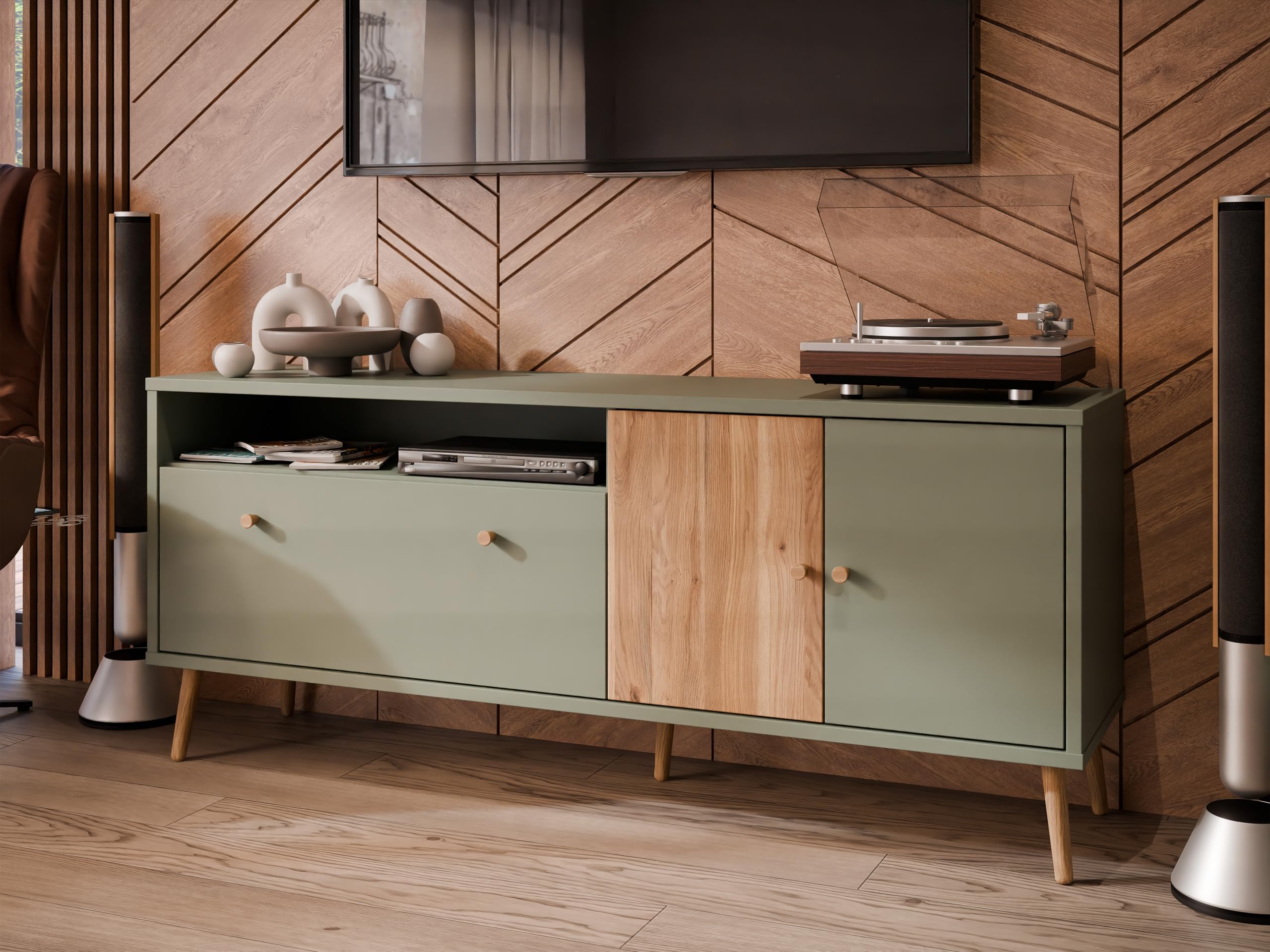 FORTE Harllson, einfache Montage Dank EasyKlix TV Tisch, Salbei mit Mauvella Eiche, TV Schrank mit 2 Türen, skandinavischer, moderner Stil, 160 cm breit x 67 cm hoch x 41 cm tief