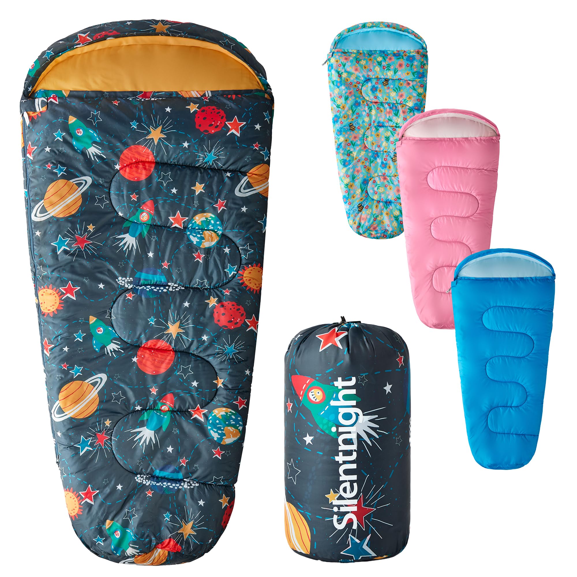 Silentnight Kids Sleeping Bag - Girls Boys 3 Season Mummy Sleeping Bag Ideal for Spring and Summer with Soft Touch Warm Cosy Fabric and Fibres - Machine Washable - 165 x 82cm - Space