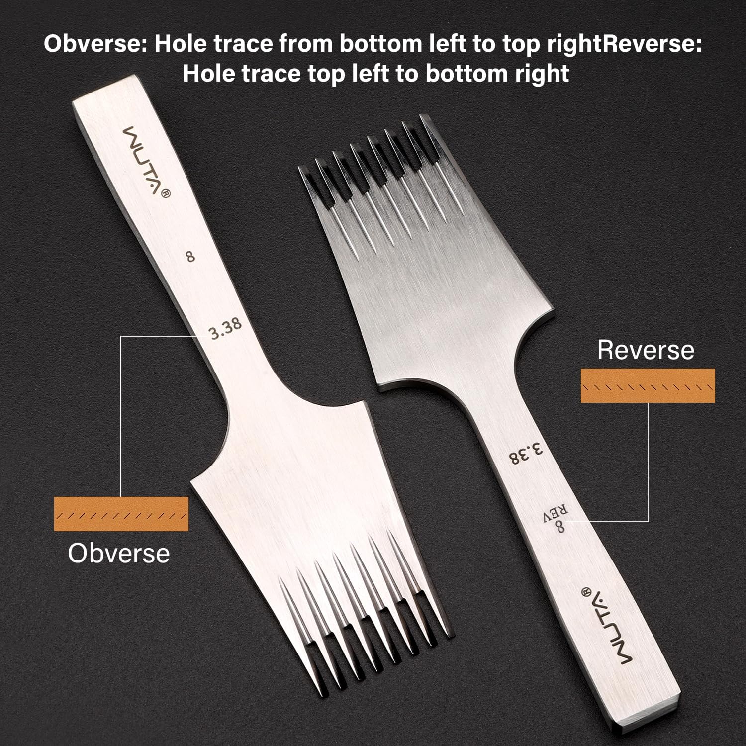WUTA Strumento di punzonatura in pelle stile francese, strumento di punteggiatura in pelle, professionale affilato set (Obverse 3.0mm 2+8)