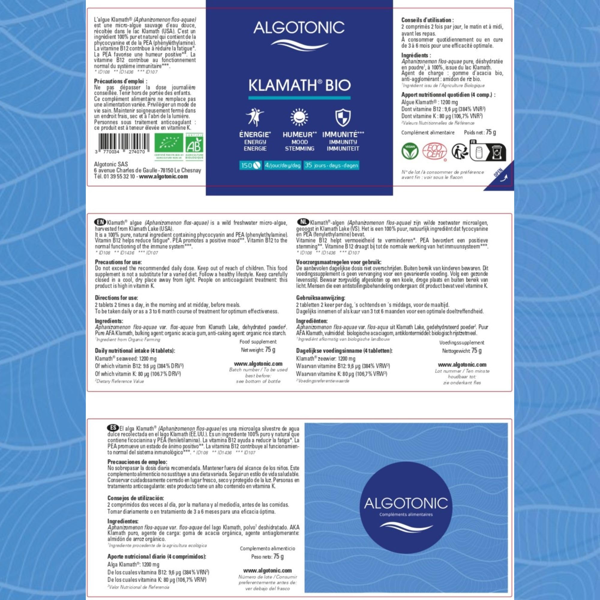 Klamath BIO - 150 comprimés - Complément Alimentaire - Humeur - Immunité - Energie mentale et physique - Vitamine B12 & Vitamine K - Phycocyanine & PEA