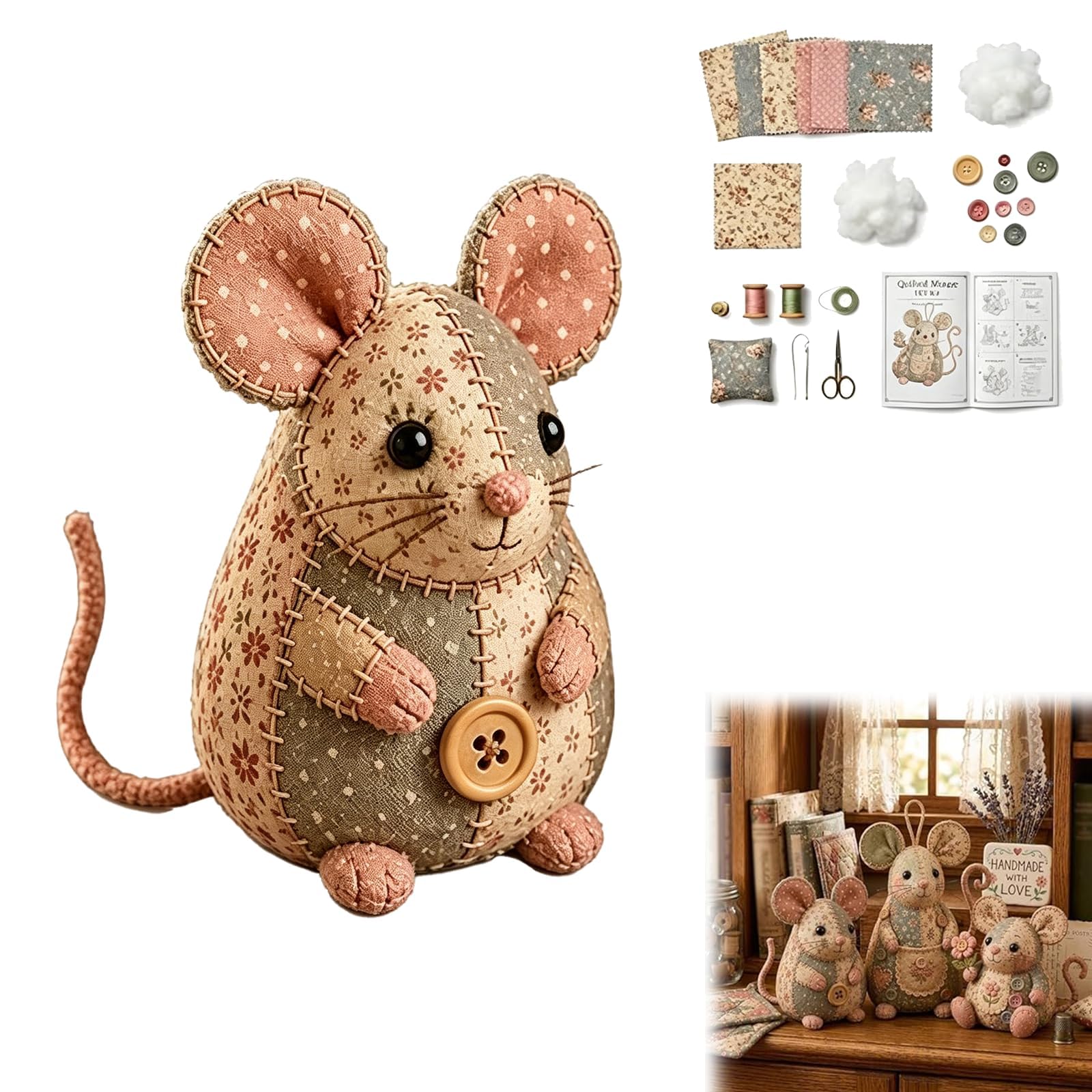 Bgdhinkt Vintage Patchwork Mouse Felt DIY Sewing Kit for Beginners, Complete Craft Set with Pattern & Guide, Cute Animal Handcraft Birthday Gift (A-3)