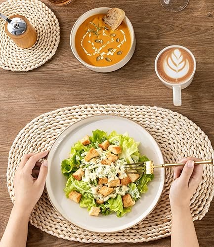 Miniatura 4 de AmorArc Juego de vajilla de cerámica para 4, juego de 12 piezas de platos y cuencos pintados a mano con parte inferior de terracota rústica, juego