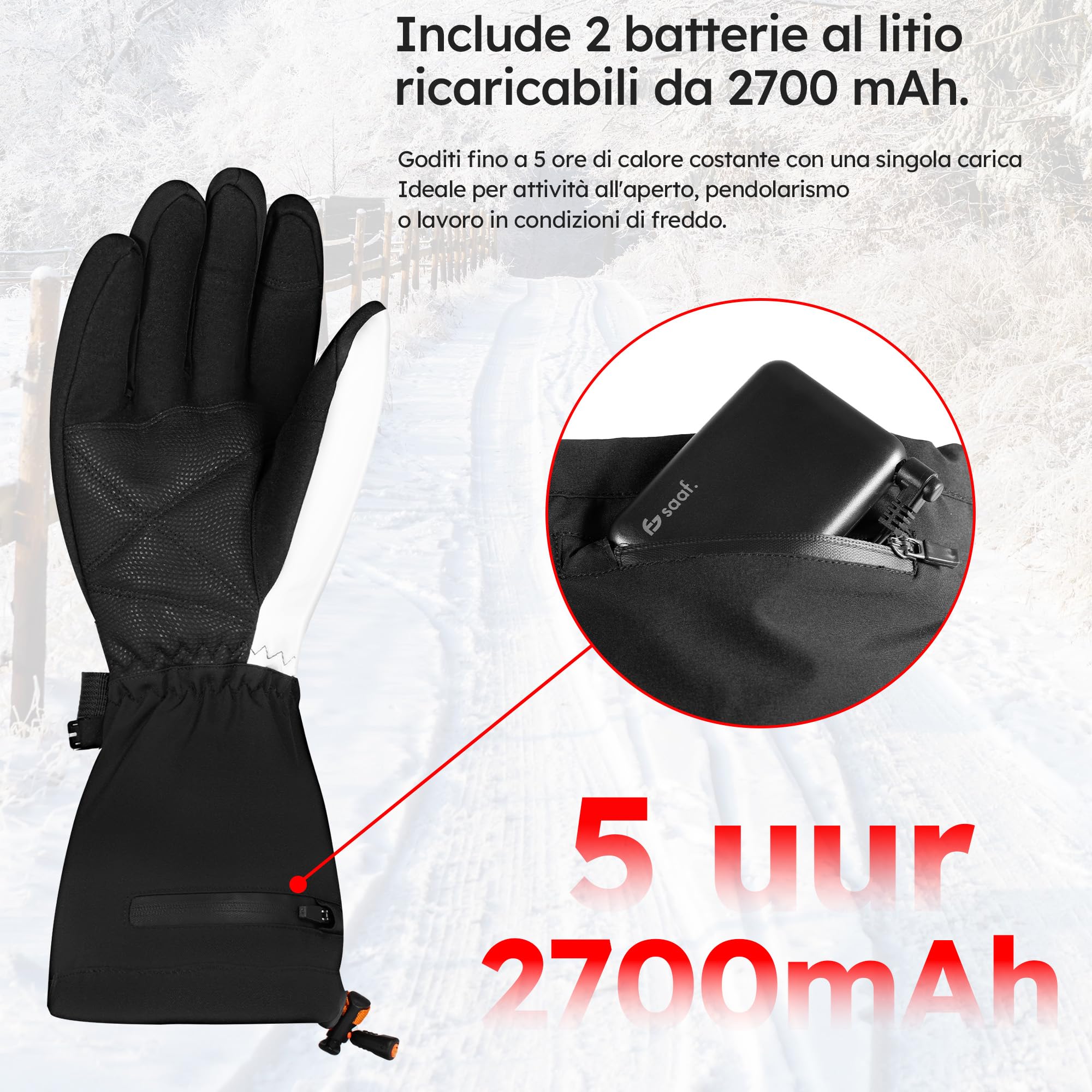 Guanti riscaldanti – Premium – 3 livelli – Guanti elettrici – Resistenti all'acqua e al vento – Guanti riscaldabili ricaricabili – Bianco – di Saaf