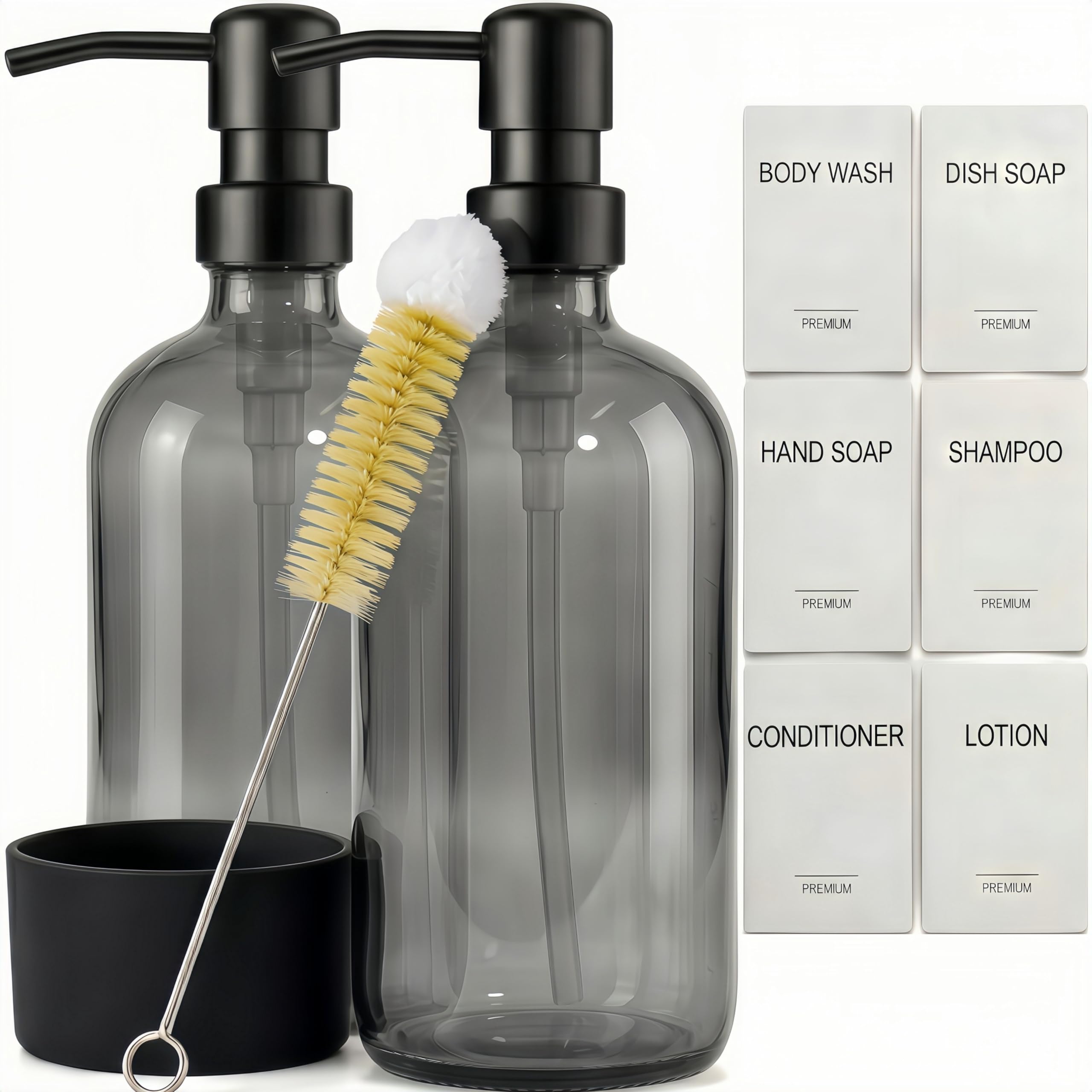 Soap Dispenser, Glass Soap Dispenser with Non-Slip Silicone Base 500ml Hand Wash Dispenser, Washing Up Liquid Dispenser for Kitchen, Bathroom Grey Glass Soap Dispenser Bottle with Cleaning Brush (2PC)
