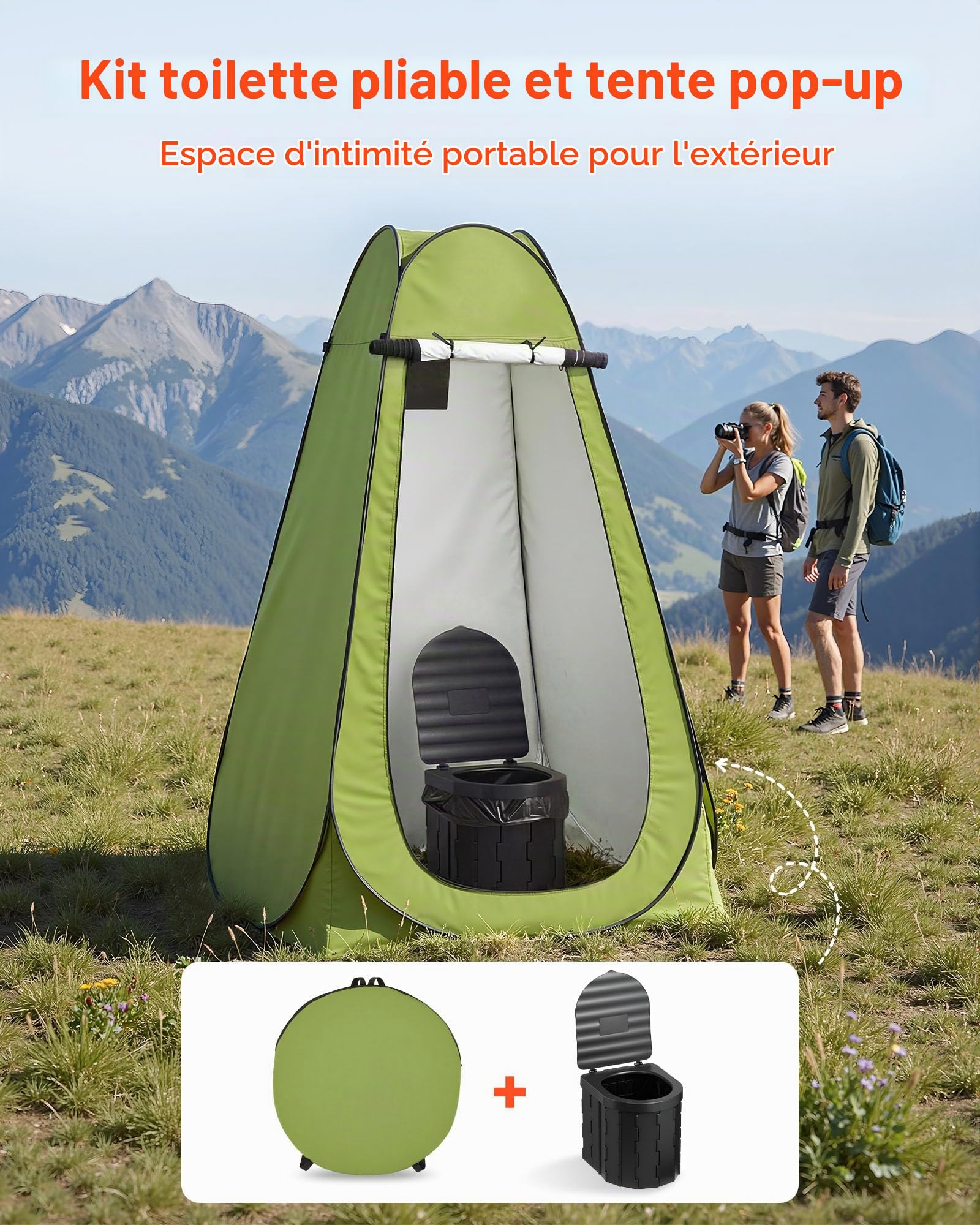 VEVOR Kit de Toilette de Camping Pliable, Toilette Portable avec Tente Pop-up, pour Domicile Camping Randonnée Extérieur, WC de Voyage avec Capacité de Charge 150 kg, Sac de Transport et Sacs Poubelle