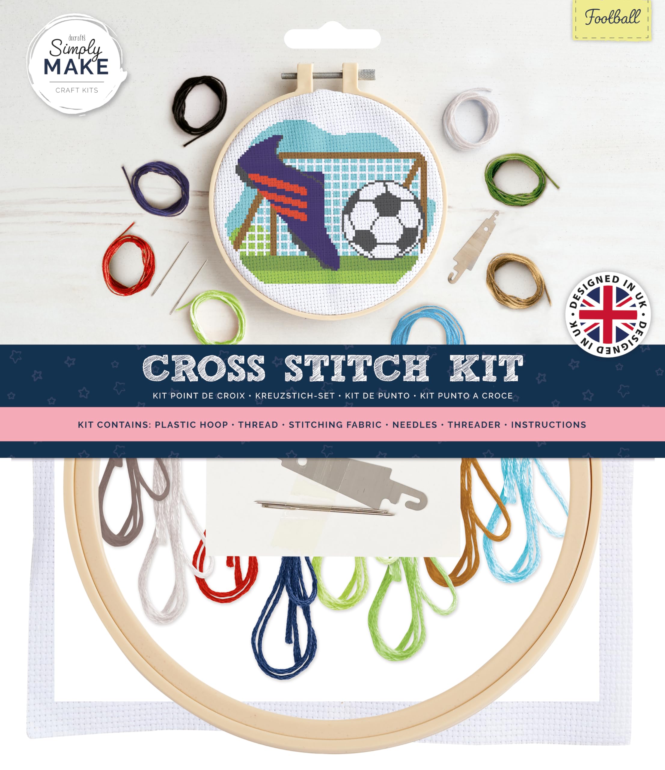 Simply Make Football Cross Stitch Kit Design, Kids & Adults, Hoop, Embroidery Thread, Adult Crafts, Beginners Craft Kit