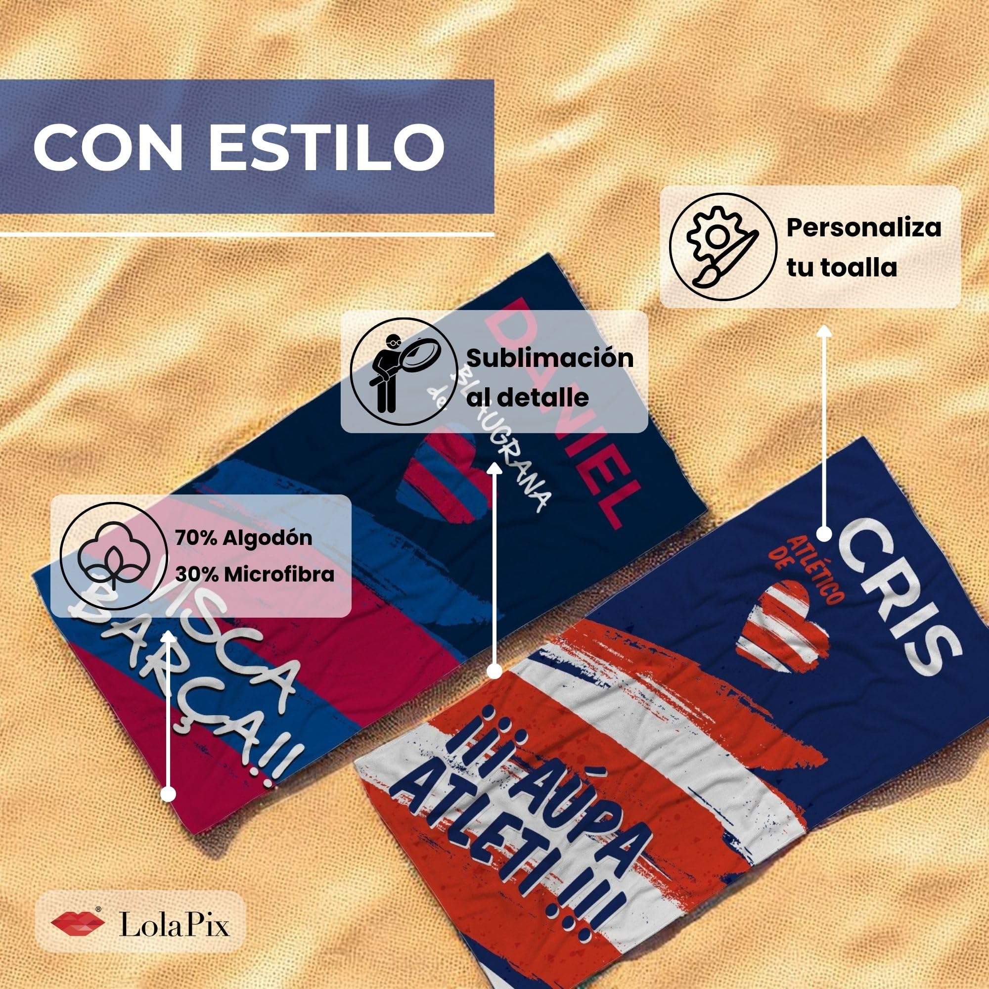 LolaPix Toalla Barcelona. Toallas Personalizadas. Toallas de Futbol con Nombre. Toalla Personalizada Playa. Regalos Personalizados con Nombre. Varios diseños y tamaños.
