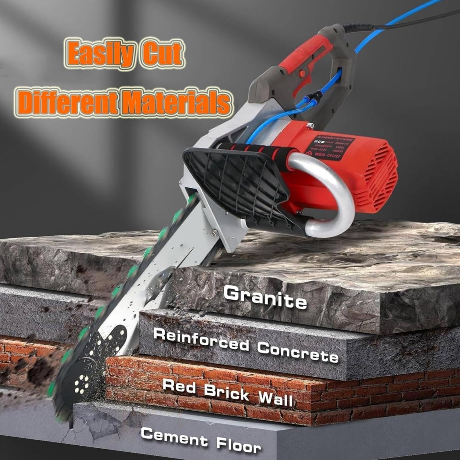 Motosierra EléCtrica para Muros, con Profundidad De Corte De 35/48 Cm, Equipo Industrial para Cortar HormigóN con Bomba De Agua, 2 Cadenas Y 2 Barras GuíA para Granito, HormigóN Y Piedra