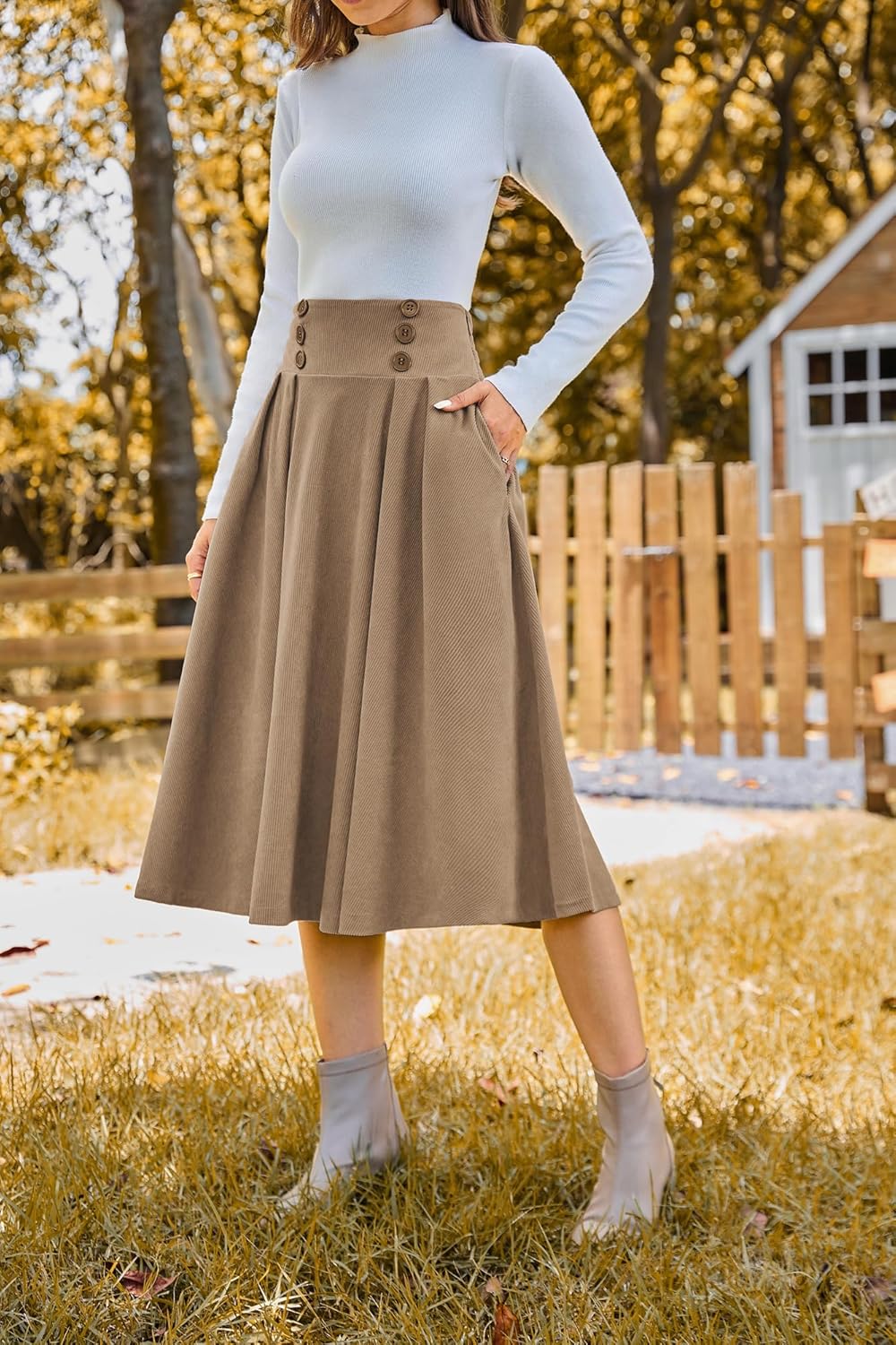 Belle Poque Corduroy Skirt for Women A-Line Flared Swing Skirt Midi High Waist Skirts - Image 2