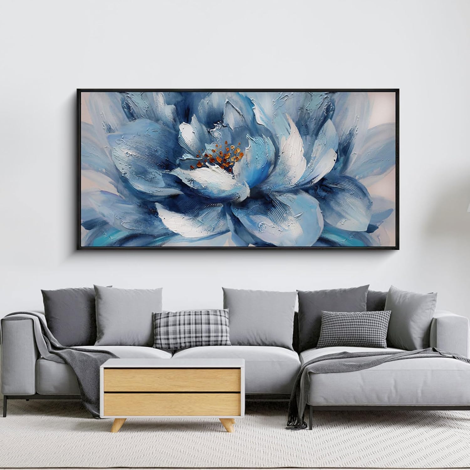 XLSJERST Flower Canvas Wall Art for Living Room - Large White Blue Flower Picture Print Painting Wall Decor Framed Artwork Ready to Hang for Home Bedroom Wall Decoration Size 20x40 Blue and white 20x40