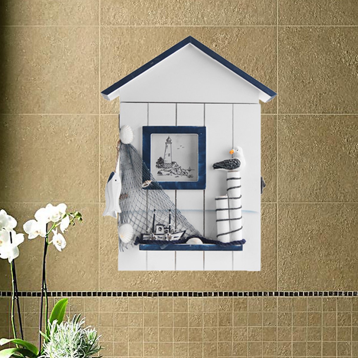 Ounona Boîte de rangement murale en bois pour les clés avec couvercle bleu et oiseau