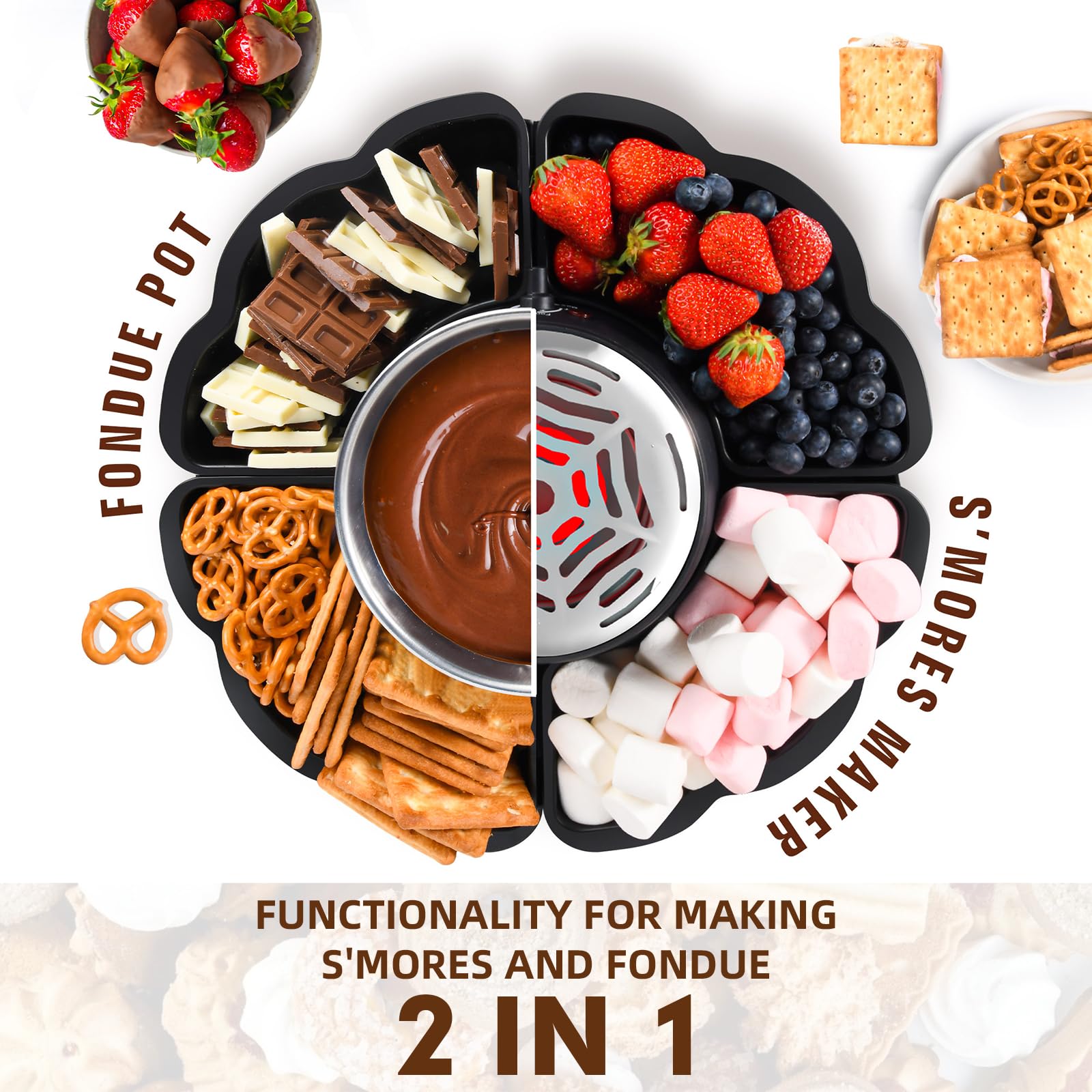Schokoladenfondue, 2-in-1 Schokofondue Elektrisch & S’mores-Maker, Tischgerät für Innen mit 4 Röster-Gabeln, 4 Abnehmbaren Tabletts & Flammloser Temperaturgeregelter Heizgerät, Familie & Geschenk