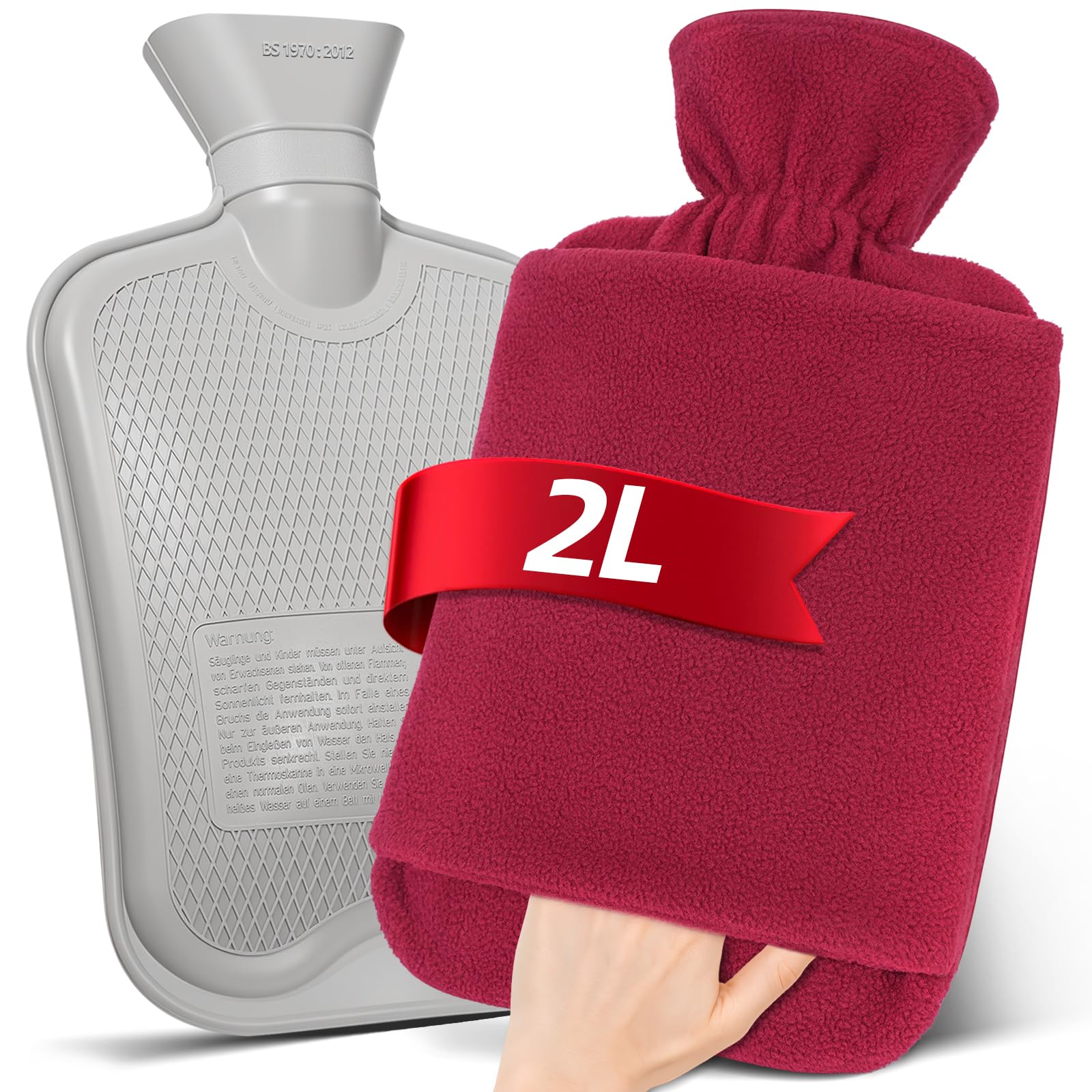 MUPAS Wärmflasche mit Vliesbezug –2L Große Auslaufsicher Bettflasche –Weicher Wärmflaschen mit Känguru Tasche +Naturkautschuk –Hot Water Bag für Kinder & Erwachsene –Zur Schmerzlinderung