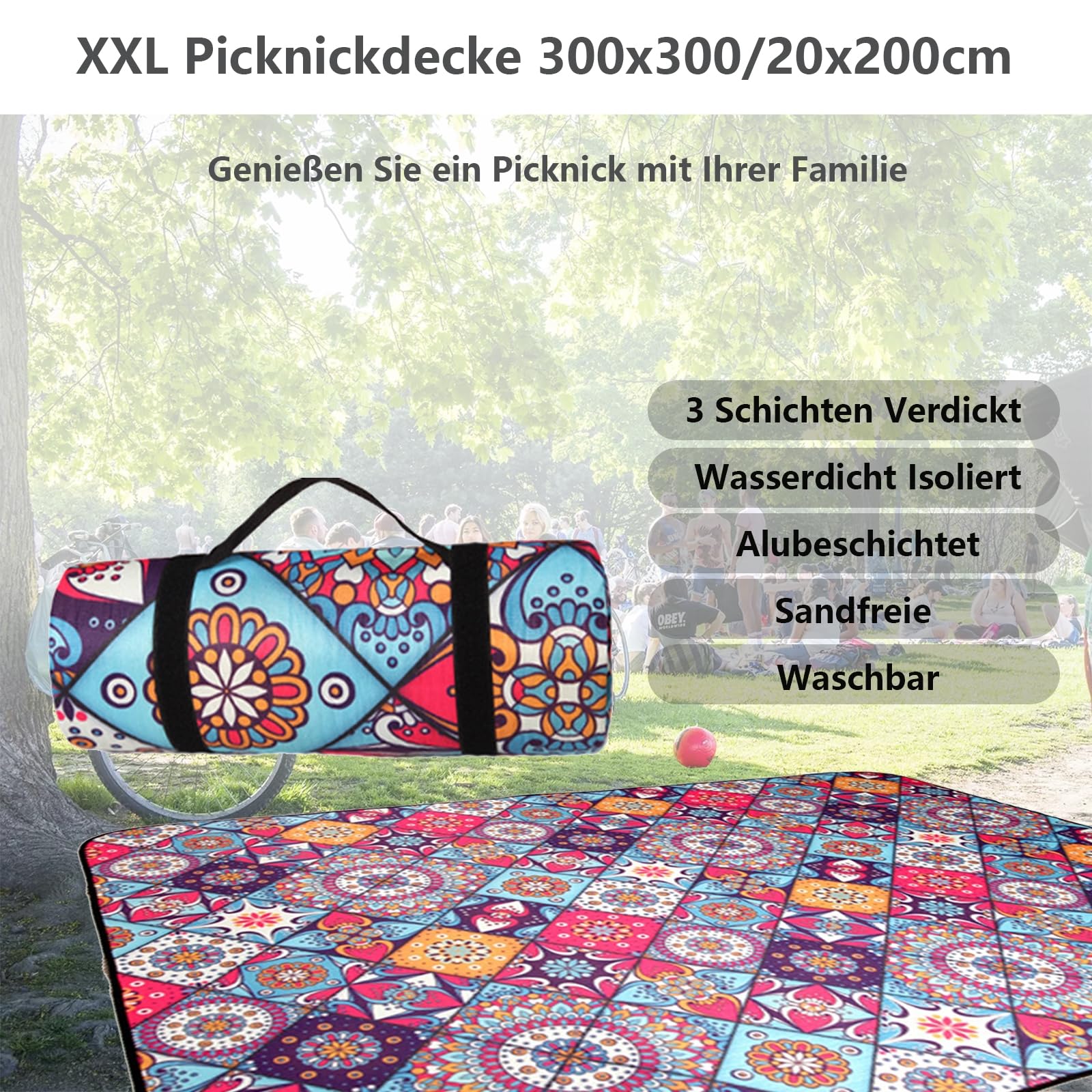 Koc podróżny piknikowy, koc kempingowy, 300x300, 3-warstwowa, bardzo duża mata plażowa z wodoodporną folią aluminiową, dywanik namiotowy, który można prać w pralce, składany duży koc piknikowy na kemp