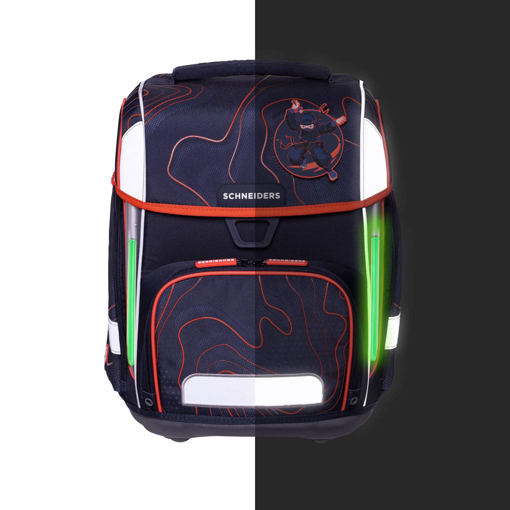 Schneiders Ergolite Schultasche Ninja Revenge – 9-teiliges Schulranzen Set für Jungen – Ergonomisch, Leicht (1,2 kg), Mit LED-Leuchtstäben, Reflektoren & Zubehör – 22L Volumen