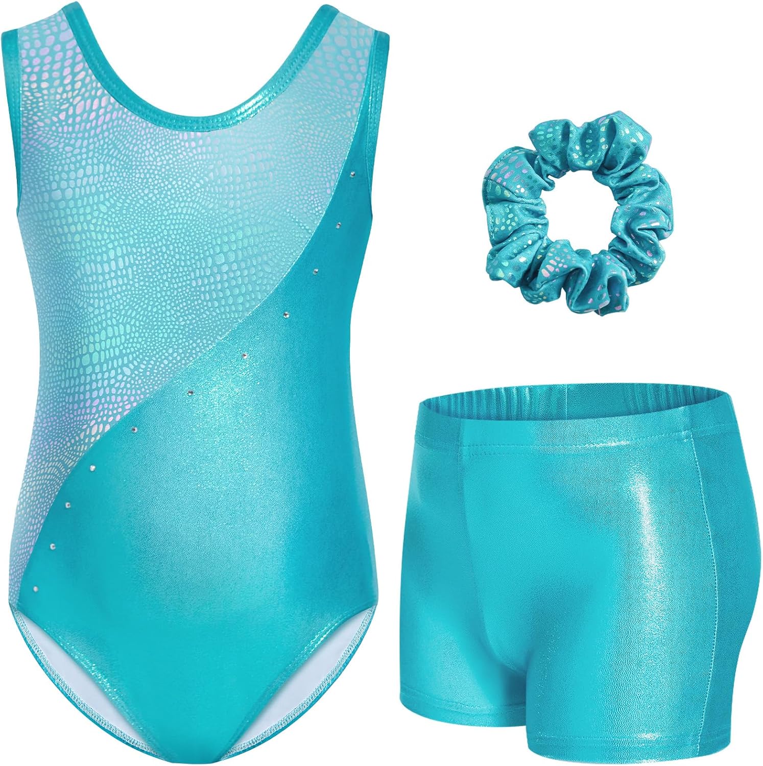 Gogokids Gymnastics Leotards for Girls Sparkly Rhinestone Dance Unitard with Shorts & Hair Scrunchie Activewear for 3–12Y