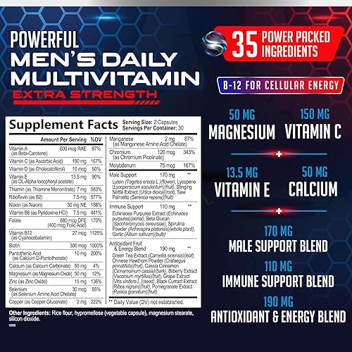 Vista 2 de Suplemento multivitamínico masculino, energético y de apoyo a la salud inmunológica para él Multi para hombre con vitaminas A, C, D, E, B