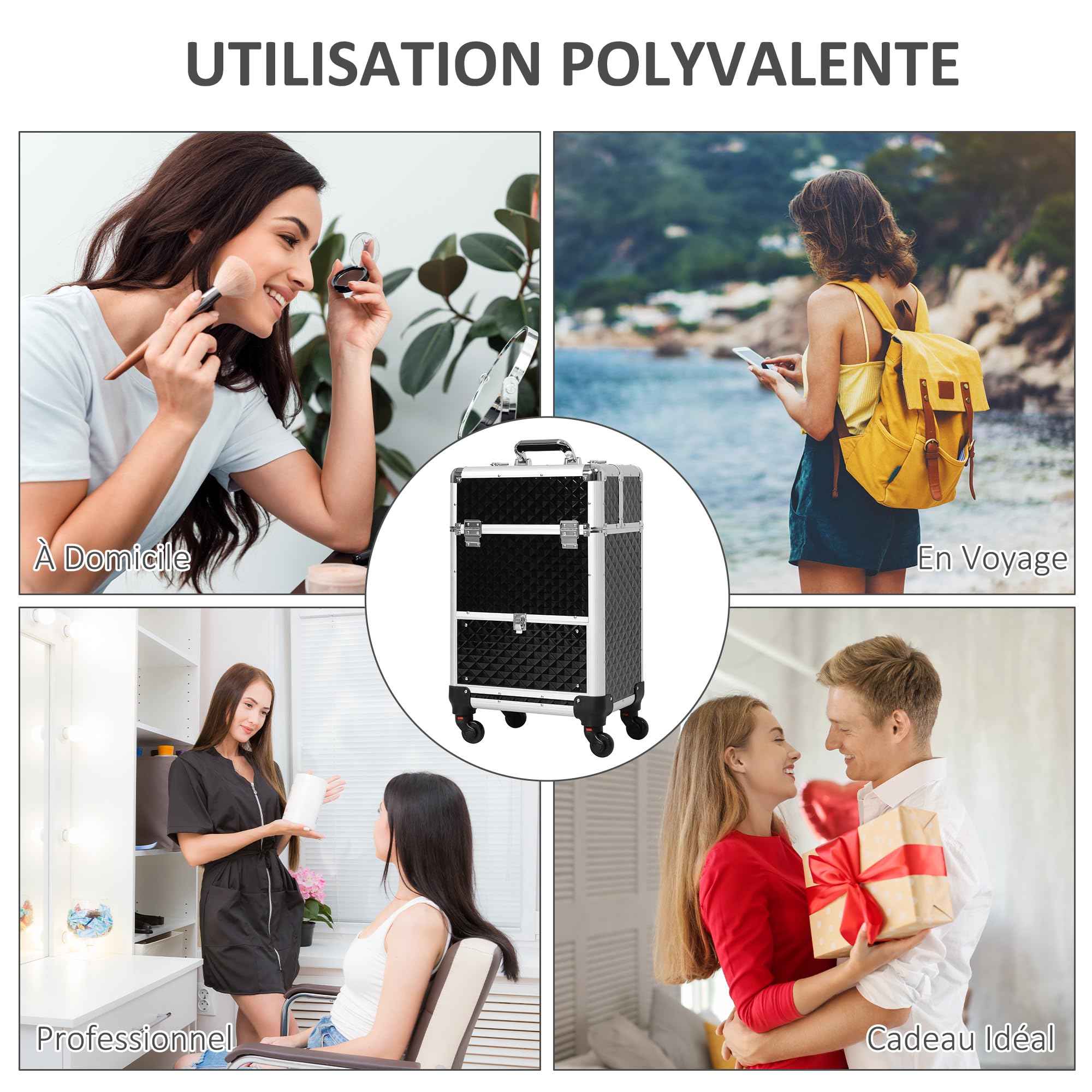Walizka Wózek Kosmetyczka z Regulowaną Teleskopowa Rączka 34L x 25W x 62H cm Alu. Czarny