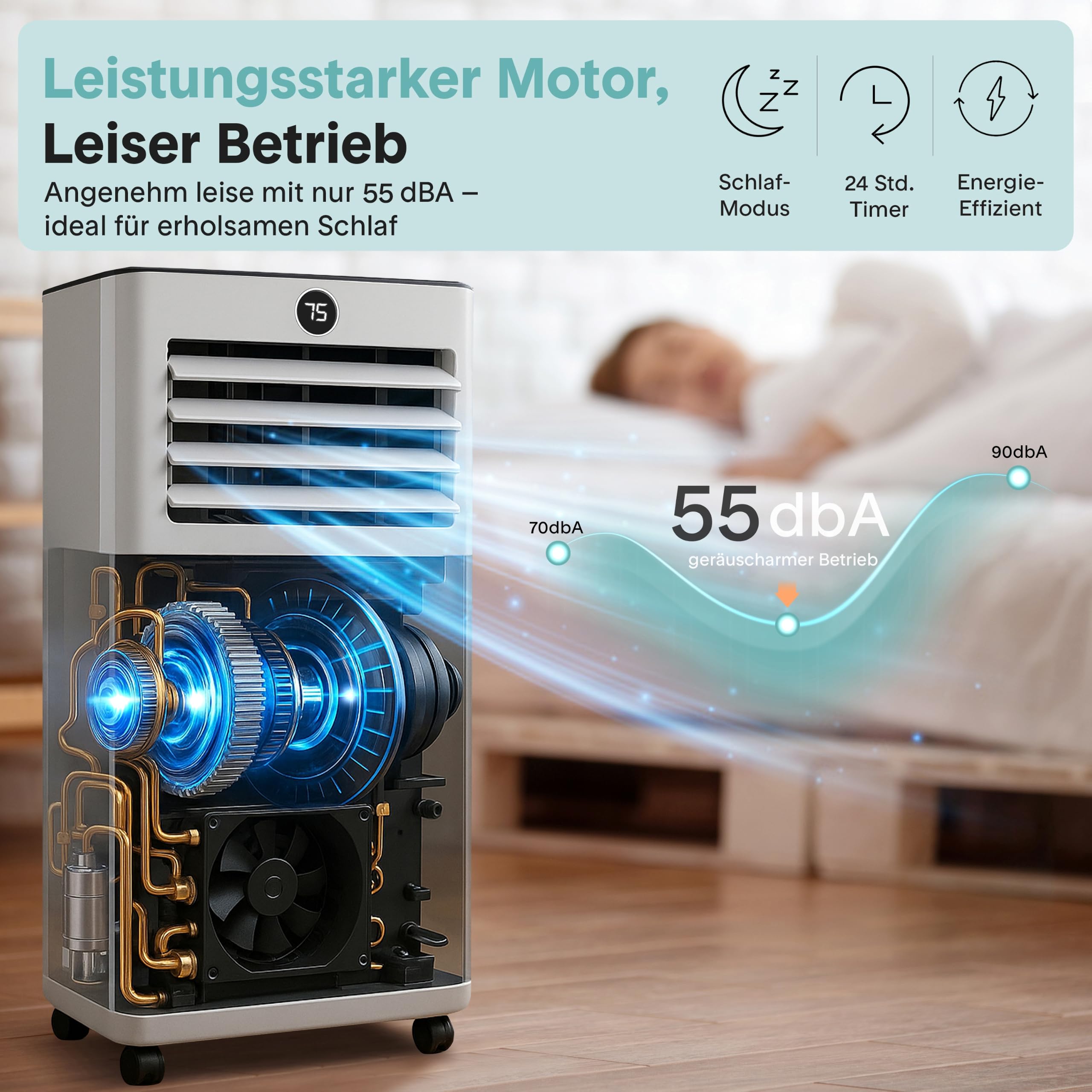 SereneLife Mobile Klimaanlage mit Abluftschlauch 9000 BTU, 4 in 1 Kühlen, Heizen, Entfeuchten und Ventilieren, Inkl. Fensterkit und Fernbedienung, bis 31 m², Perfekt für Heiße Sommertage