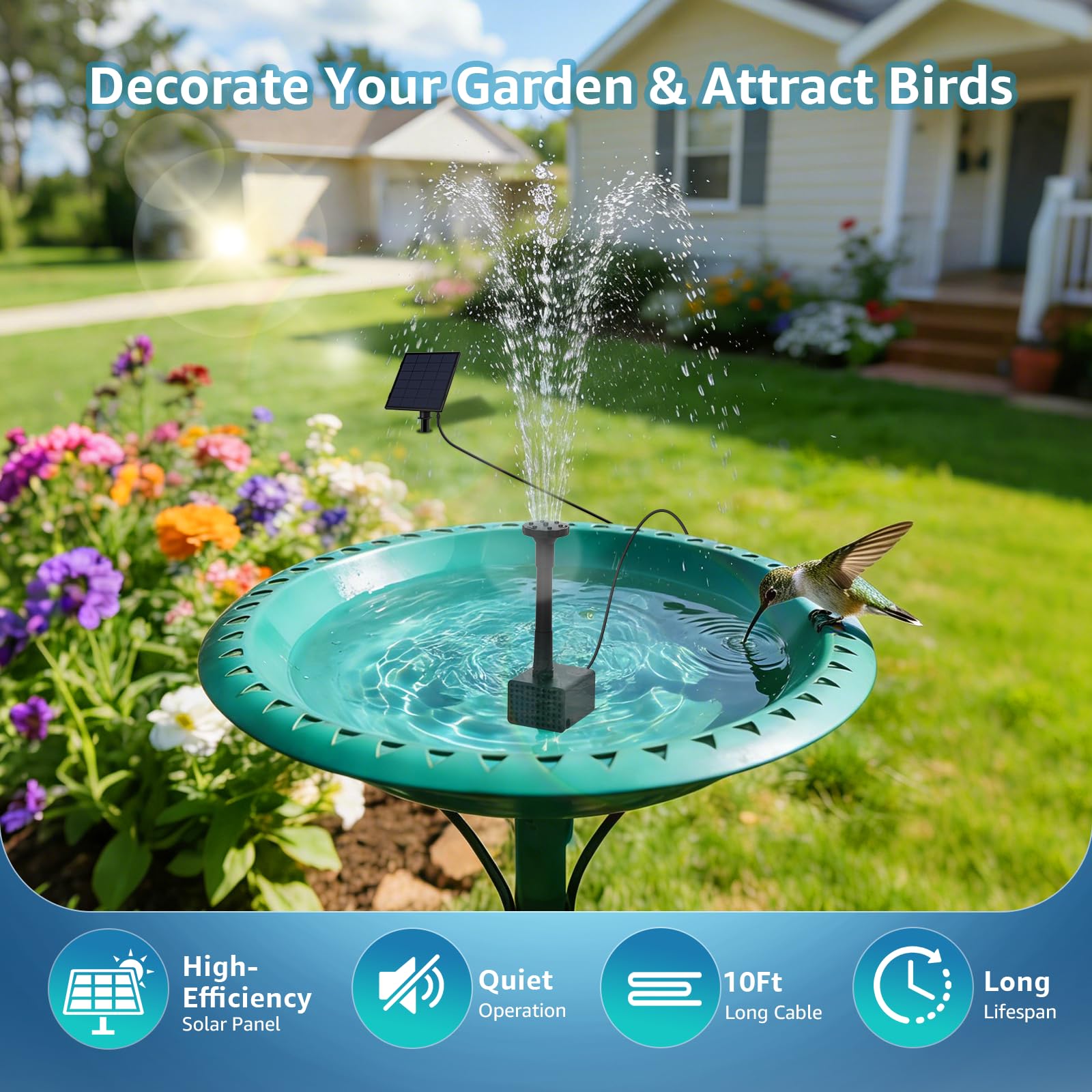 PONDIA Solar Fountain Pump for Bird Bath, 2.5W Solar Water Pump with 3M Power Cord, Adjustable Ground Stake, 5 Spray Modes & 1.2M Hose, Dry-Run Protection Low Noise for Garden Small Pond Fish Tank - 2