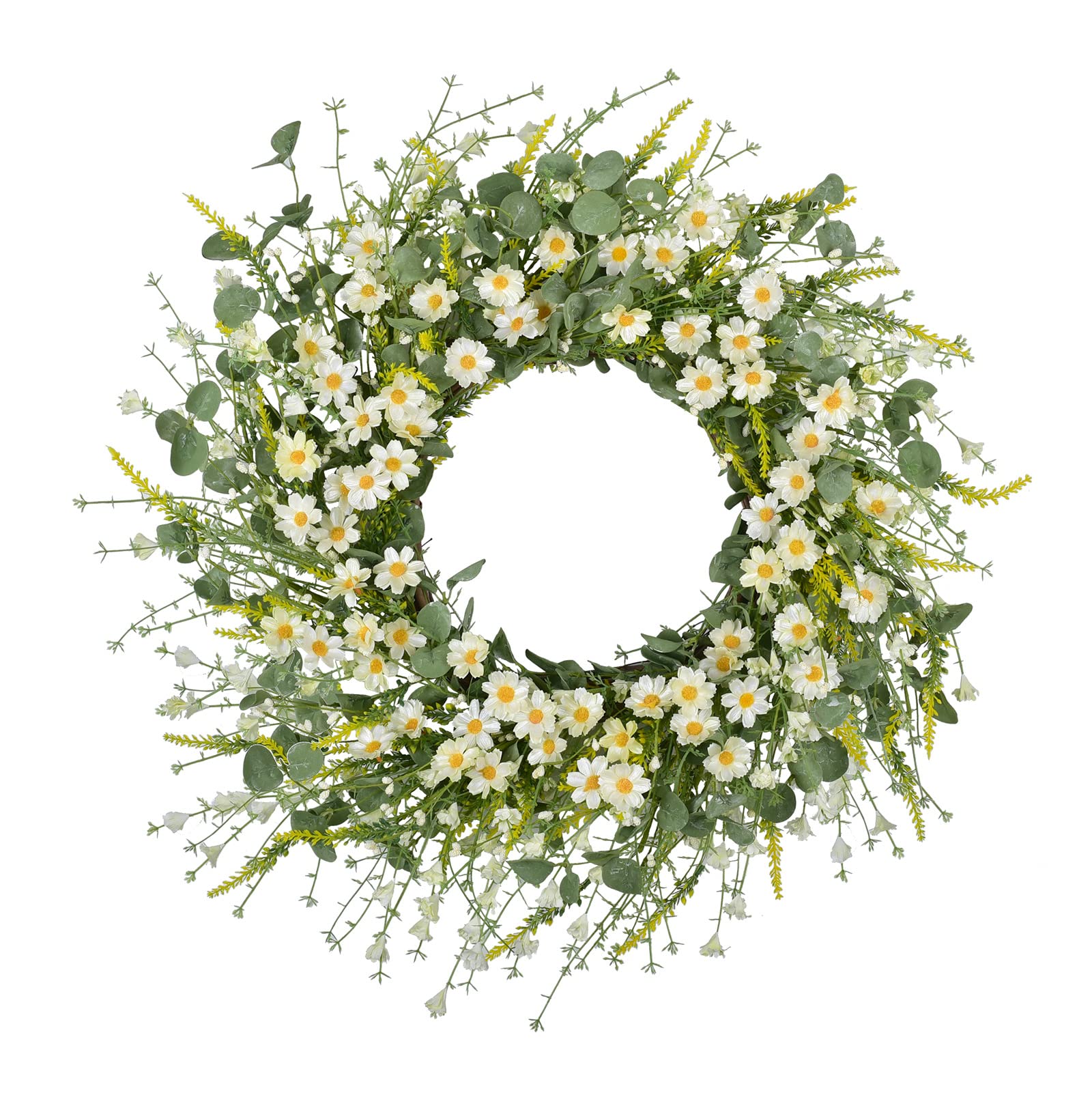 GRBAMBIGRBAMBI 24 Inch Artificial Daisy Flower Spring Wreath with Eucalyptus Green Leaves Wreath Farmhouse Wreath for Front Door Wall Home Party Decoration(White)