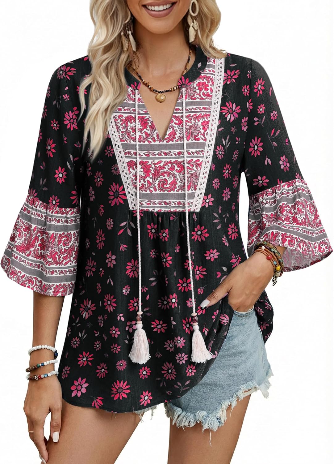 VALOLIA Womens Bohemian Peasant Tunic Blouse Floral Print V Neck Loose Casual Vacation Top - Image 2