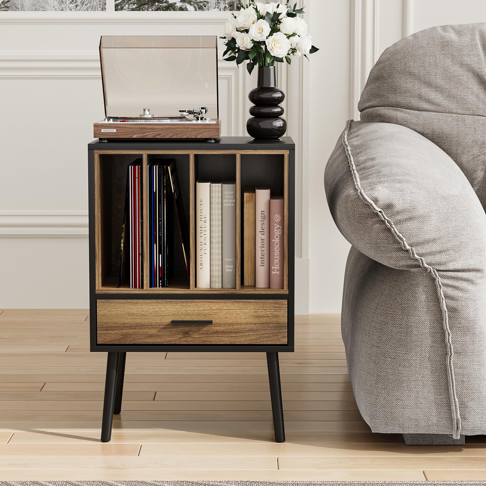 Kiasthome Support de tourne-disque noir avec caisse de rangement et tiroir, table d'appoint pour tourne-disque vinyle avec pieds en bois massif, pour salon, chambre à coucher