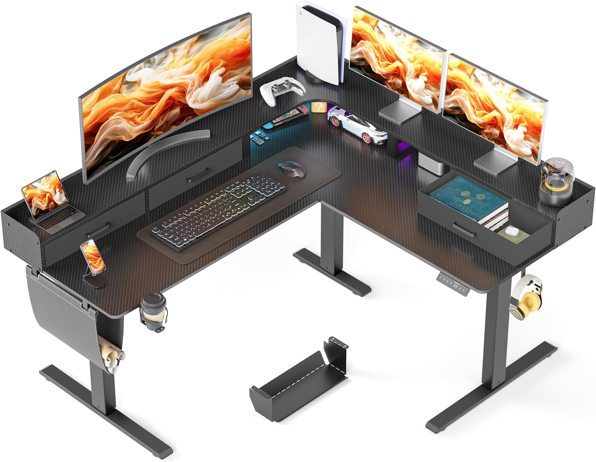 WALKINGDESK 63 Inches Height Adjustable L Shaped Standing Desk with 3 Drawers and Monitor Shelf, Electric Corner Comupter Desk, Sit Stand up Home Office Desk, Ergonomic Gaming Desk, Black