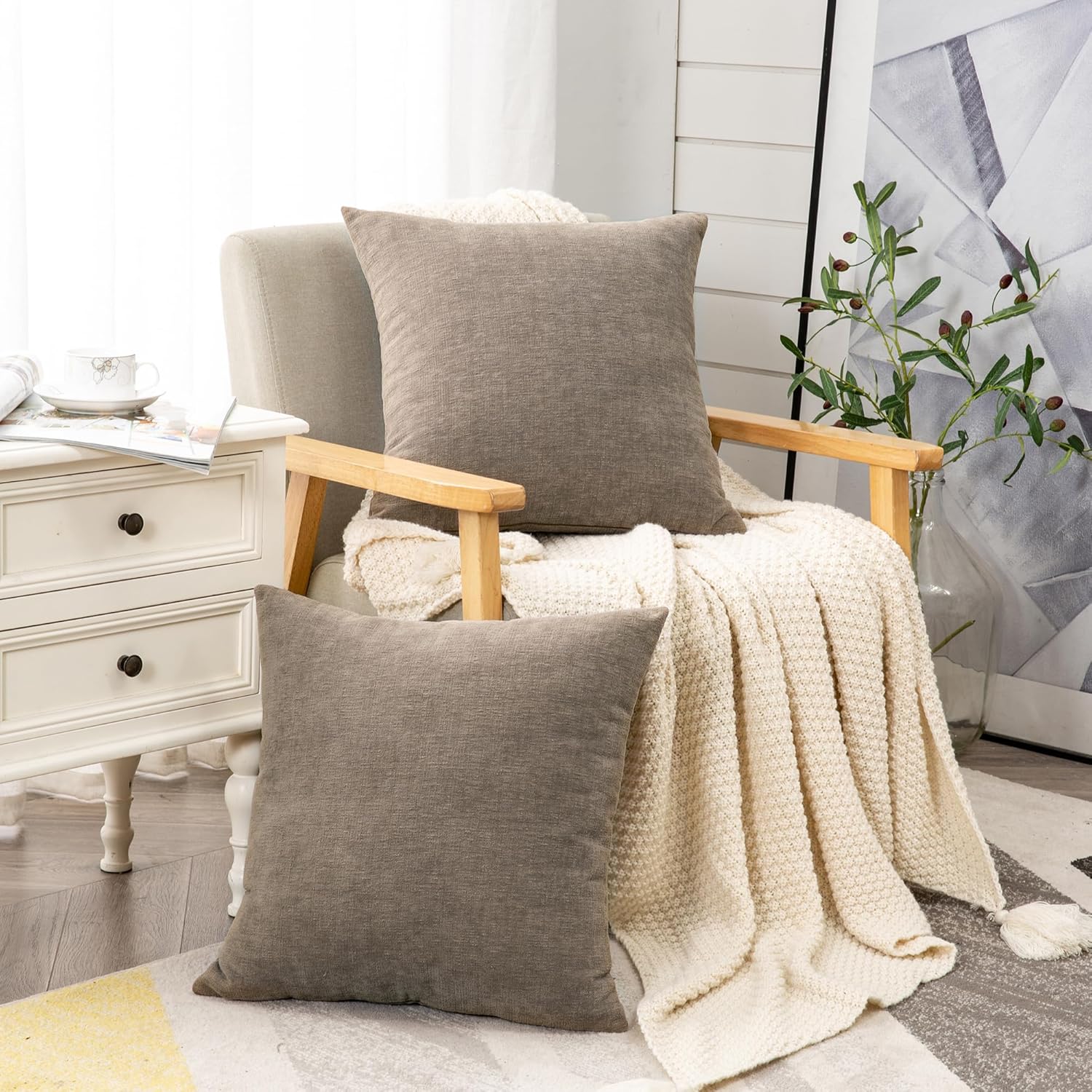 GAWAMAY Decorative Square Throw Pillow Covers 18"x18" Inch Set of 2, Super Soft Chenille Pillows Farmhouse Fall Pillowcase for Living Room Bedroom Sofa Couch Cushion Cover Taupe Grey 45x45cm - Image 3