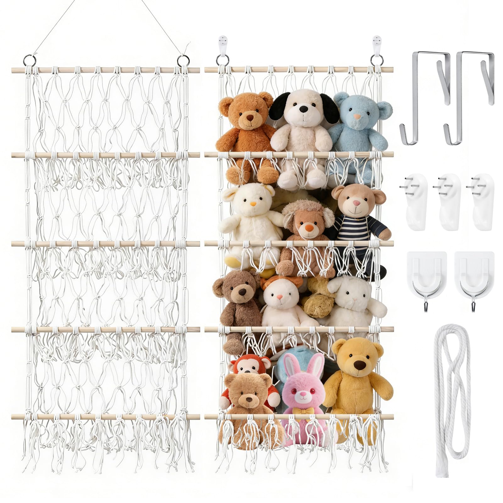 OAKKMEL Soft Toy Hammock Teddy Storage 4-Layer Hanging Stuffed Toy Organiser Woven Cotton Rope Teddy Hammock Toy Storage Net for Kids Bedroom Nursery Various Walls - Beige