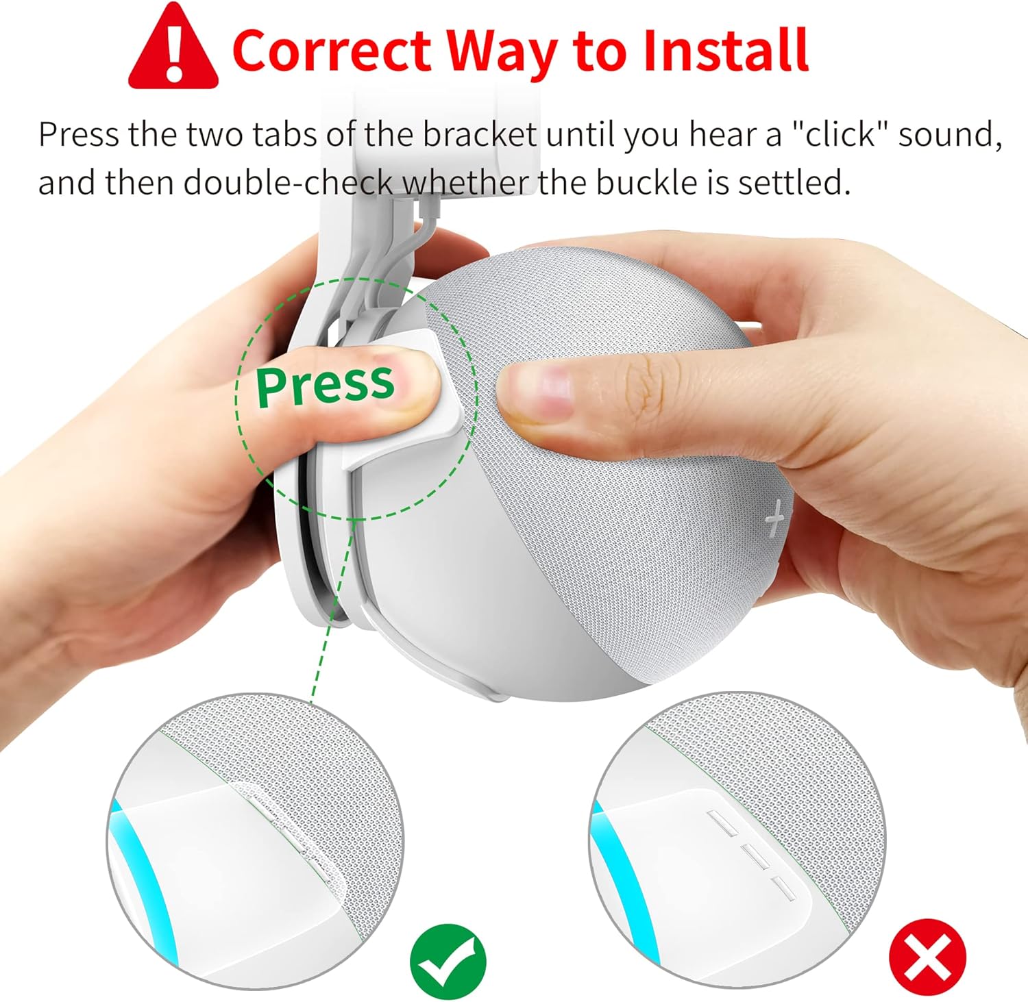 Image illustrating the correct way to install the Dot 4th Gen device into the mount by pressing tabs until a click is heard