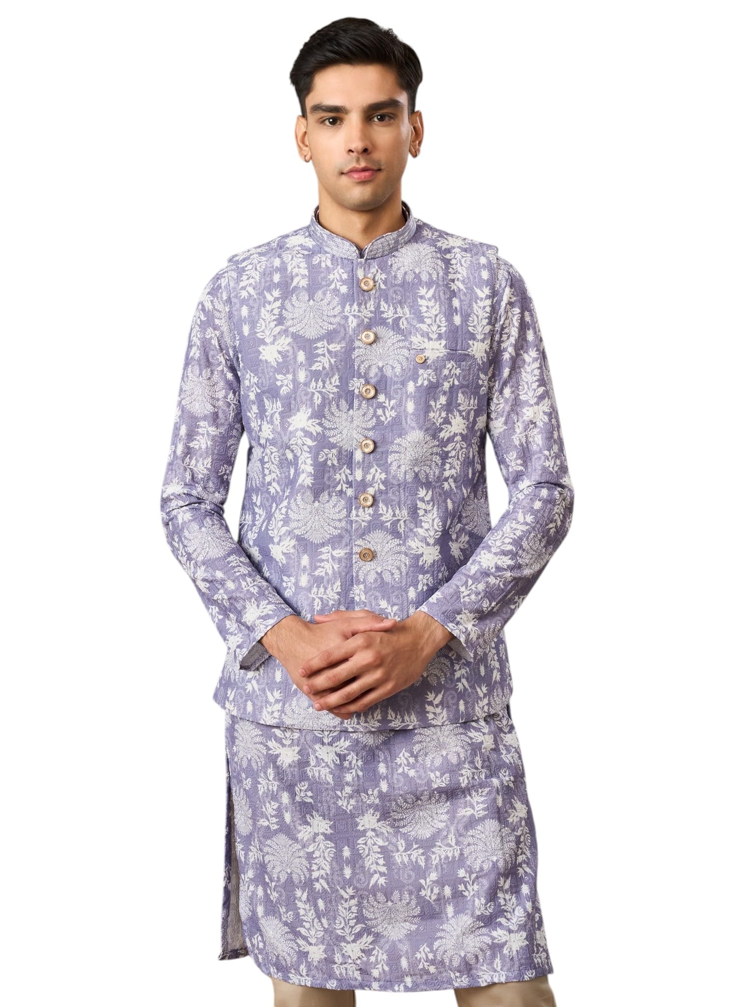 manyavar Men's Blended Cotton Sequinned Traditional Nehru Jacket (1pc)-picture-14