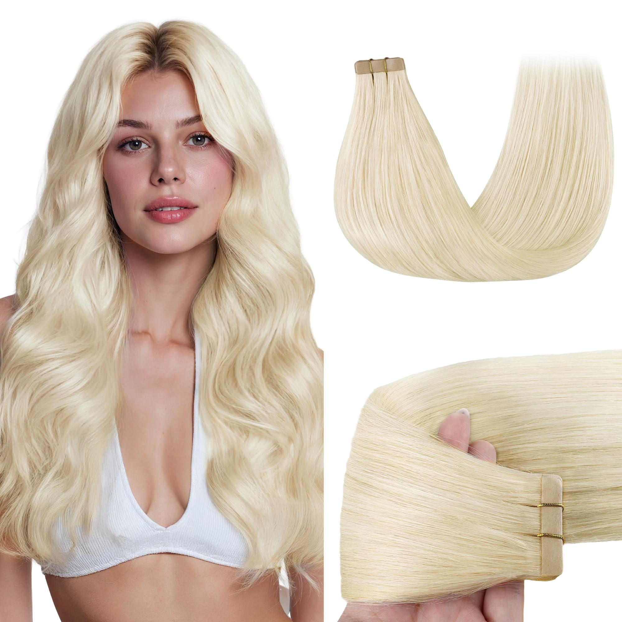 GOO GOO Tape in Hair Extensions Human Hair, 1000 Pure Platinum Blonde, 18inch 50g 20pcs, Skin Weft Seamless Invisible, Silky Straight with Thick Ends,