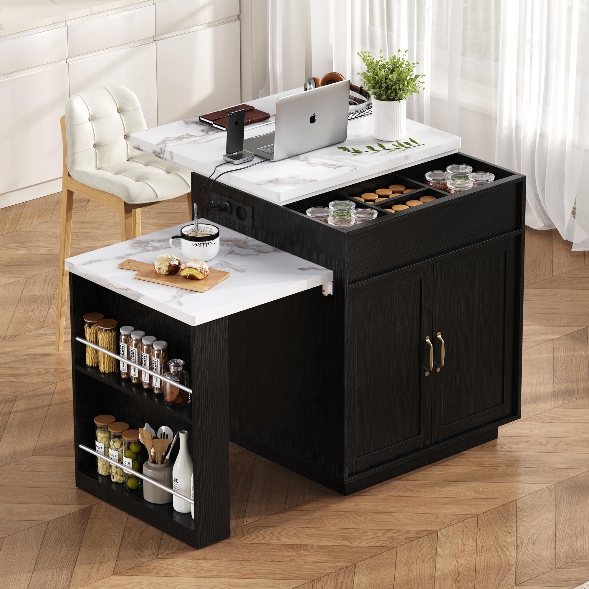 Isla de cocina, armario de cocina con ruedas, mesa de comedor extensible con iluminación LED, mesa de cocina con regletas, como aparador, mueble o mesa de bar para cocina, comedor (negro)