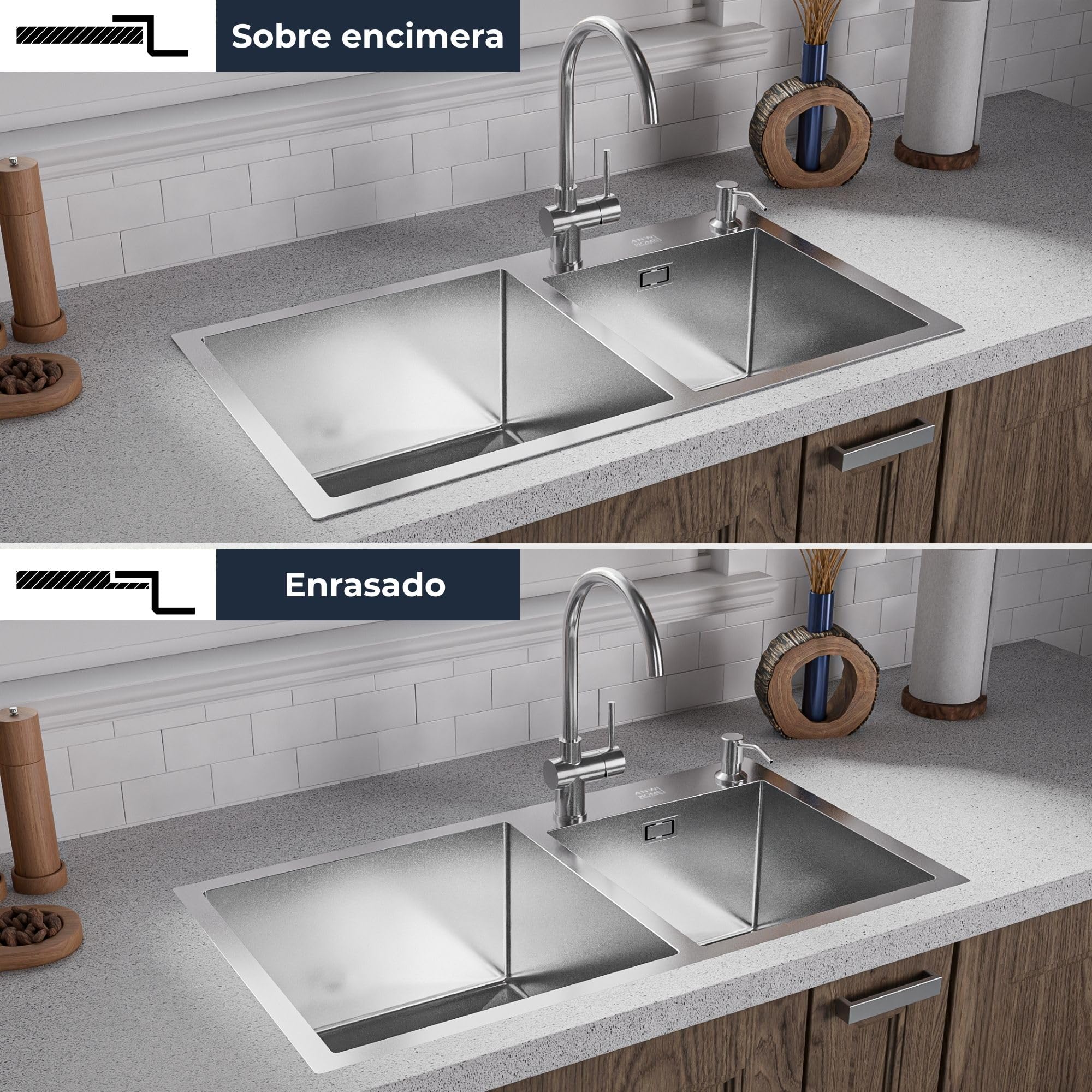 ANW HOME Fregadero Cocina Acero Inoxidable 2 Senos, Fregadero sobre Encimera 78x43 cm, Recubrimiento Nano, Grosor 3.0+1 mm, con Sifón, Dispensador y Cesta